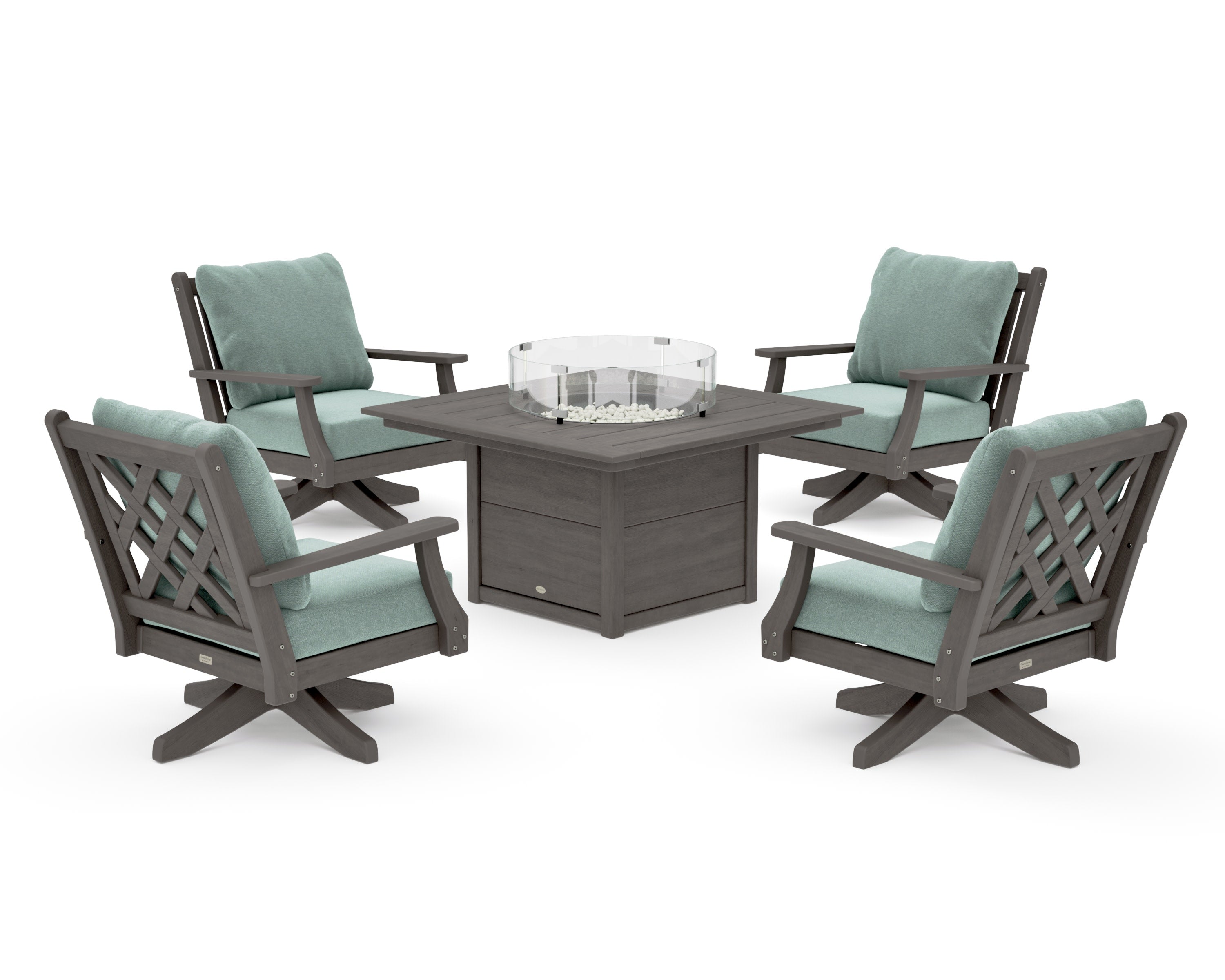 Wovendale 5-Piece Deep Seating Swivel Conversation Set with Fire Pit Table in Driftwood / Glacier Spa