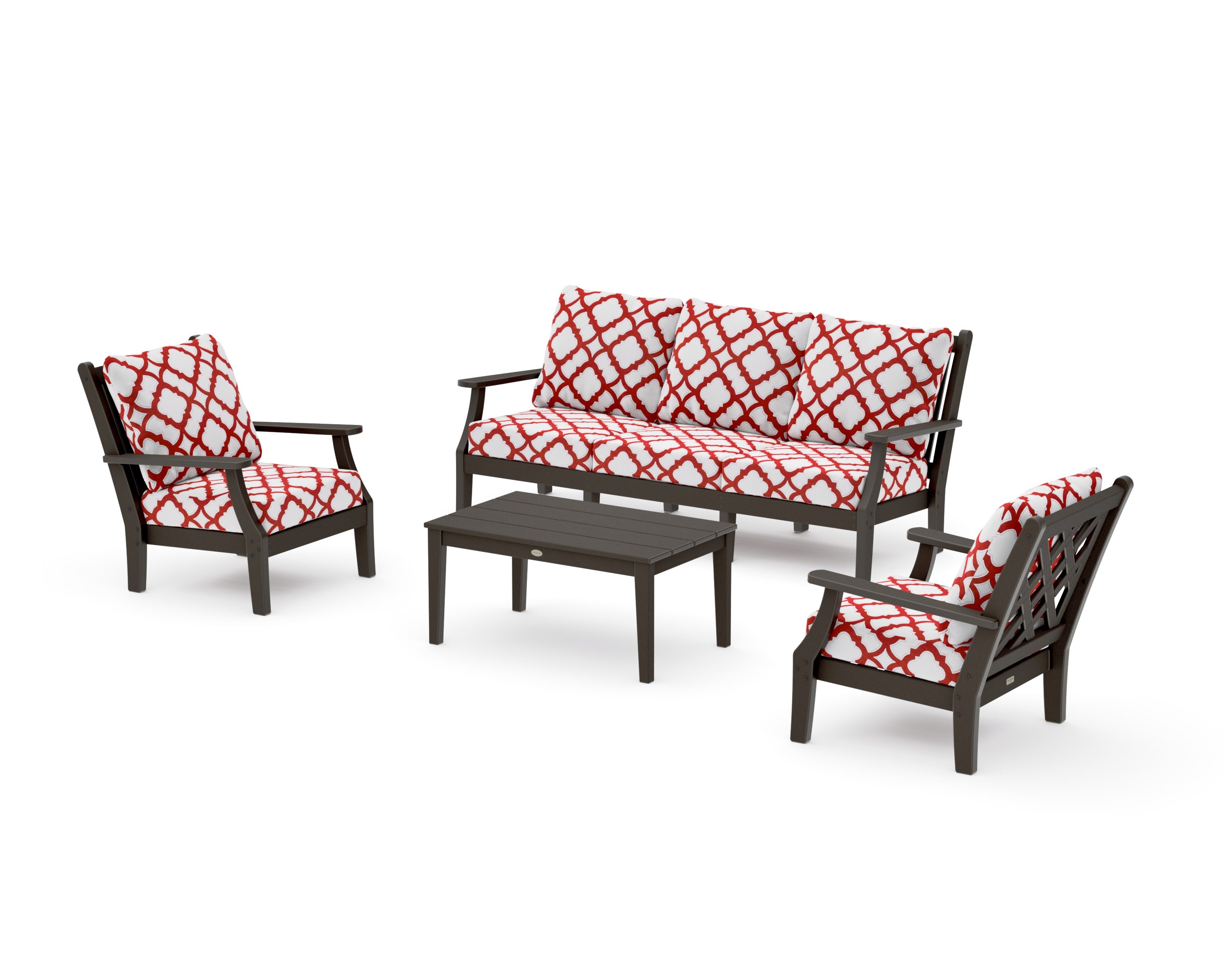Wovendale 4-Piece Deep Seating Set with Sofa in Vintage Coffee / Trellis Crimson