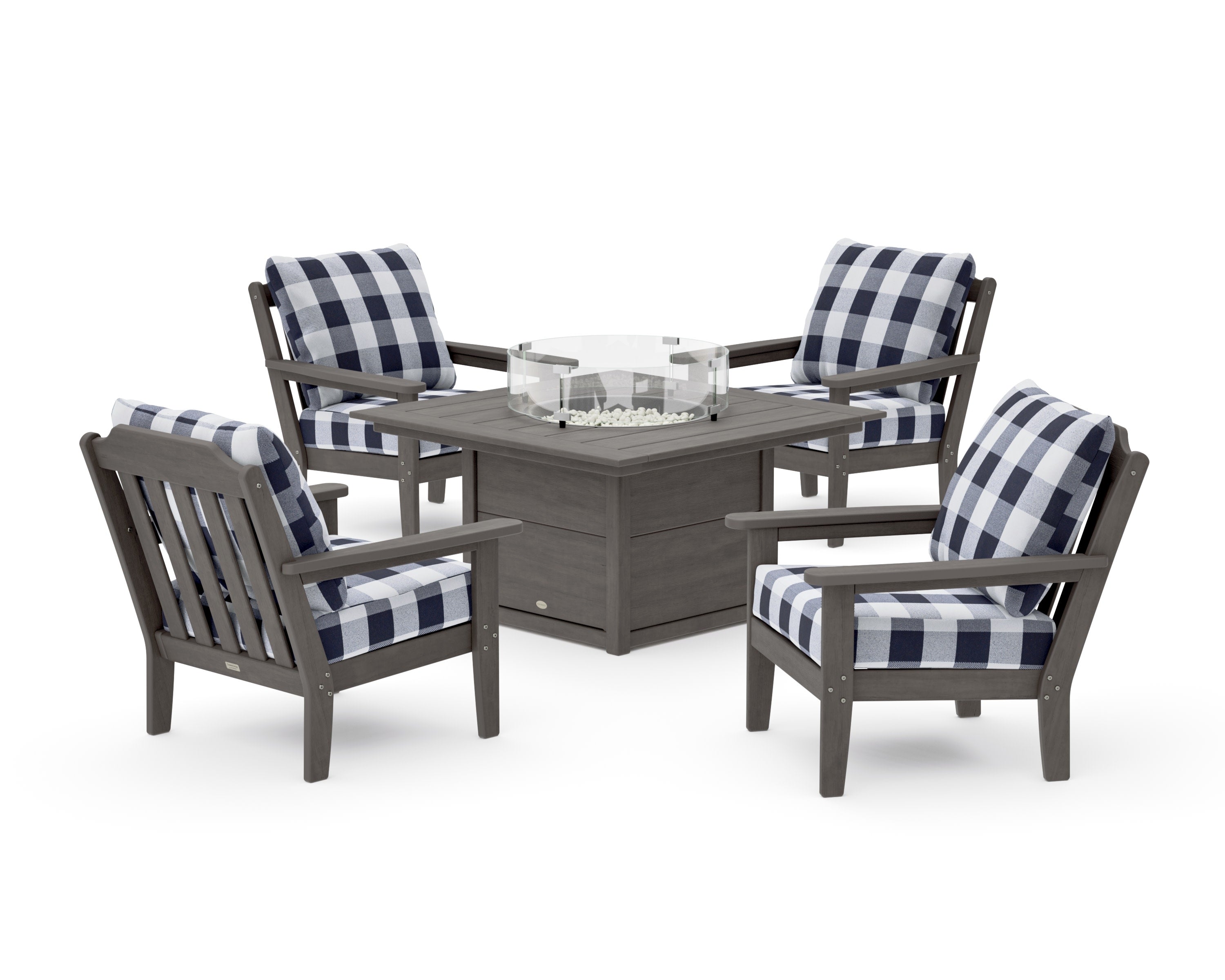 Cottage 5-Piece Deep Seating Set with Fire Pit Table in Driftwood / Buffalo Plaid Navy