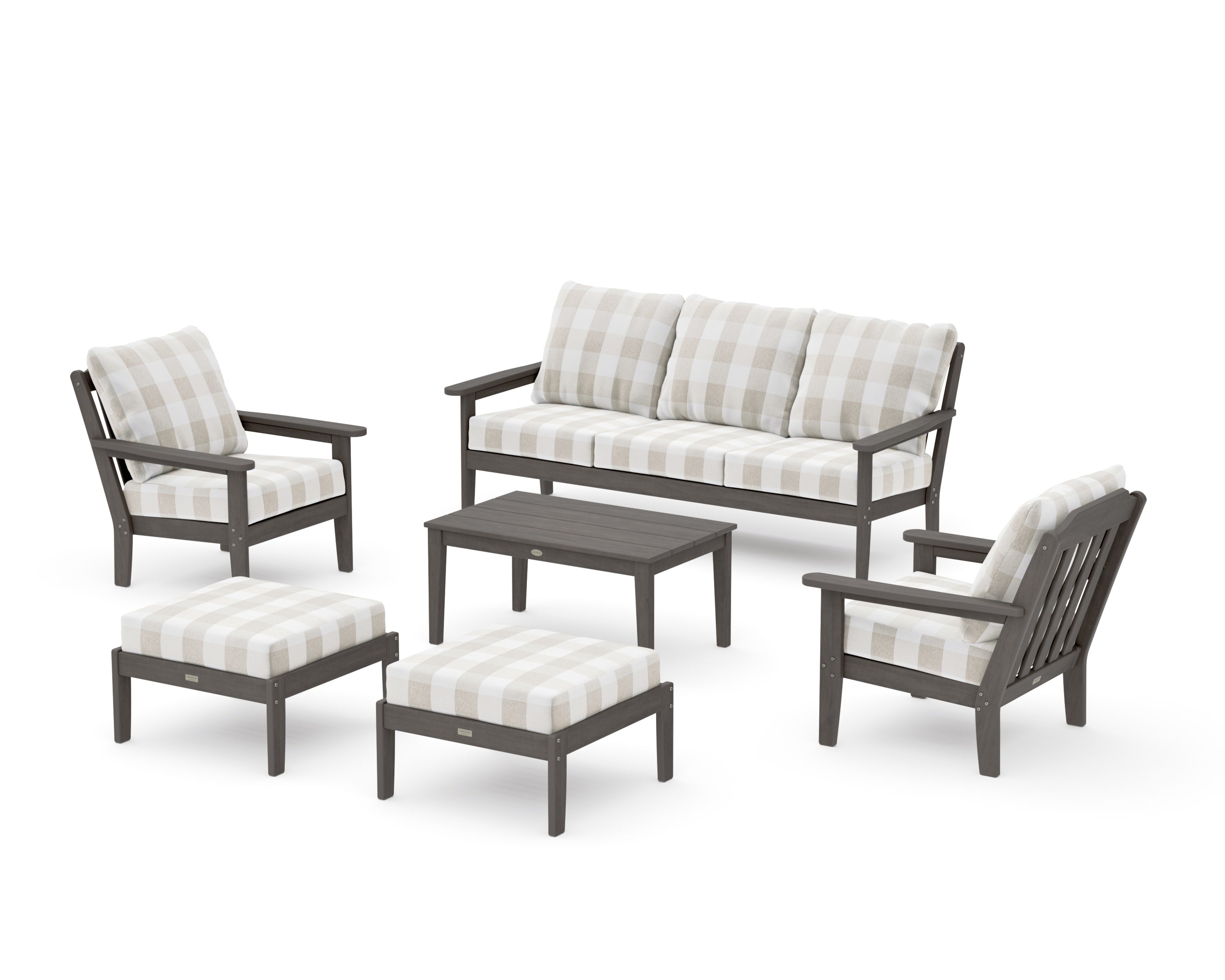 Cottage 6-Piece Lounge Sofa Set in Driftwood / Buffalo Plaid Dune Burlap