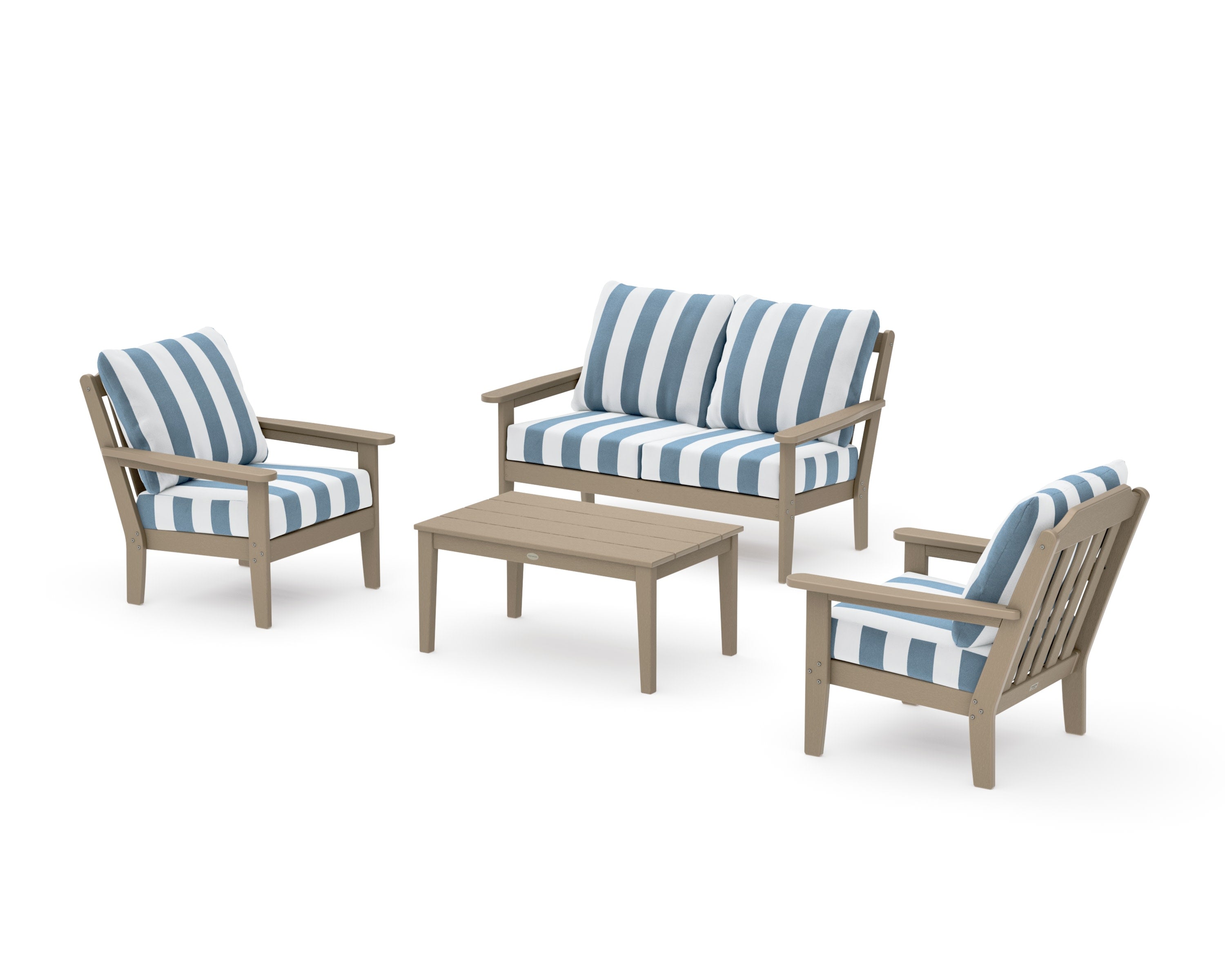 Cottage 4-Piece Deep Seating Set with Loveseat in Vintage Sahara / Cabana Stripe Sky Blue