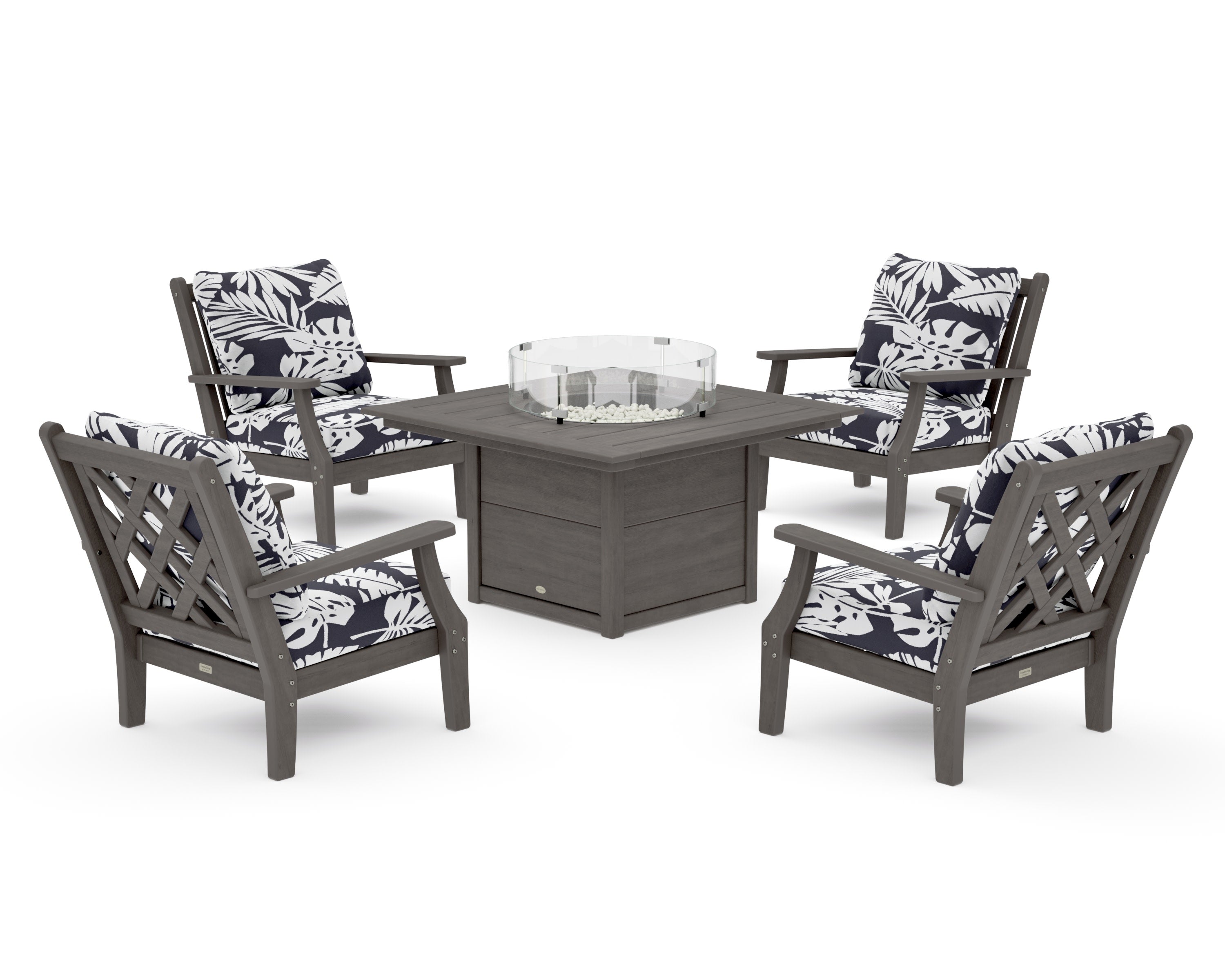 Wovendale 5-Piece Deep Seating Set with Fire Pit Table in Driftwood / Leaf Navy