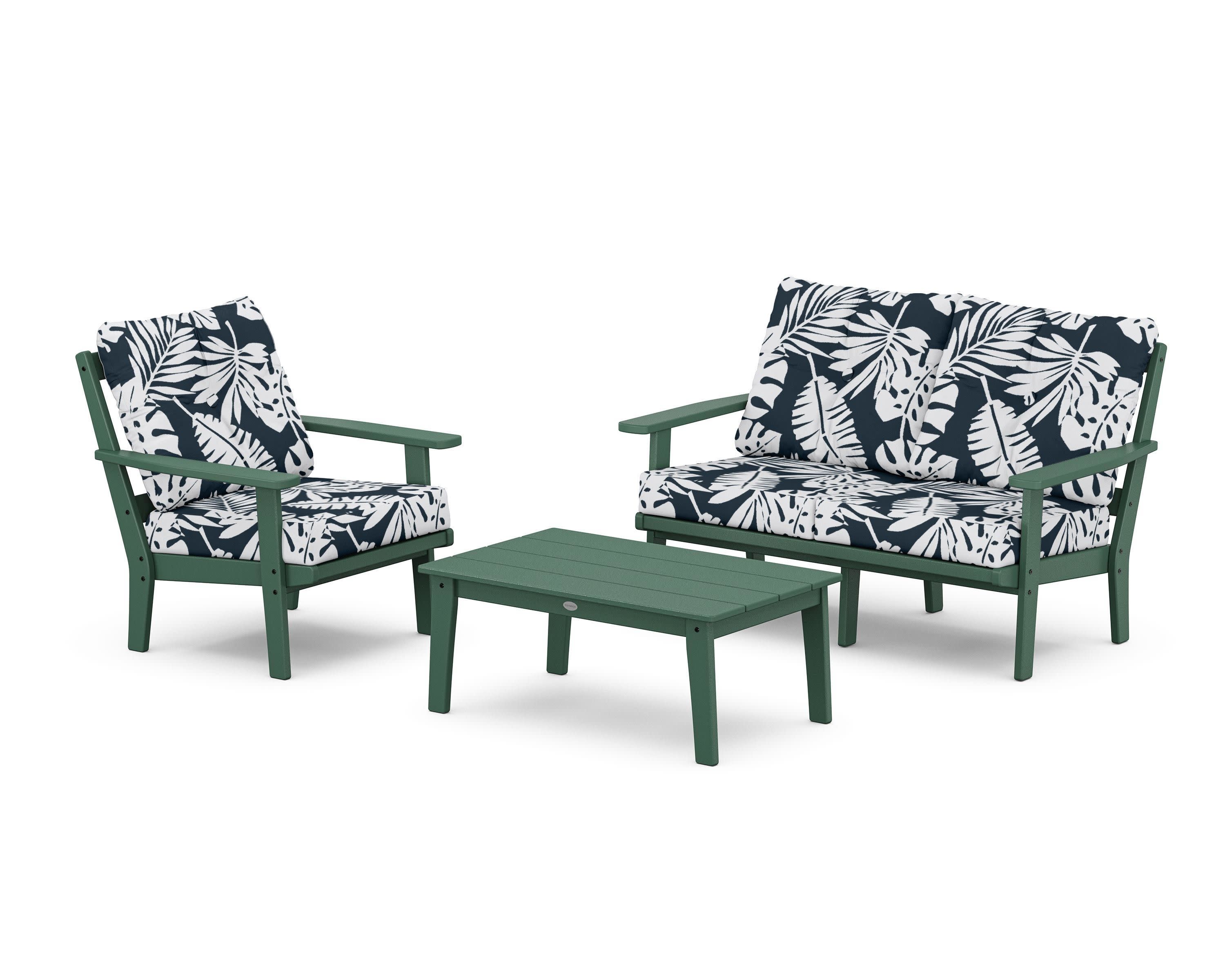 Prairie 3-Piece Deep Seating Set with Loveseat in Green / Leaf Marine Indigo