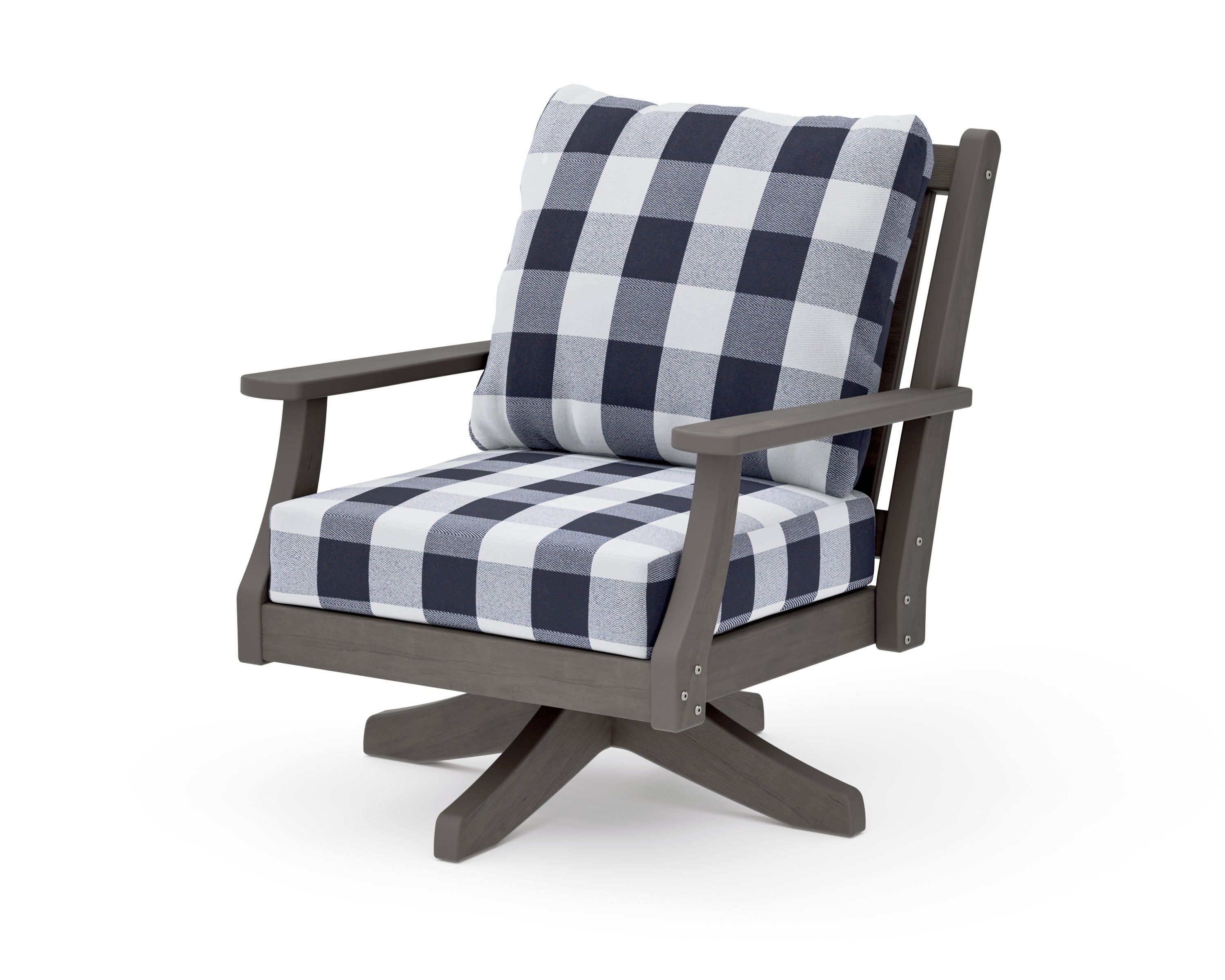 Wovendale Deep Seating Swivel Chair in Driftwood / Buffalo Plaid Navy