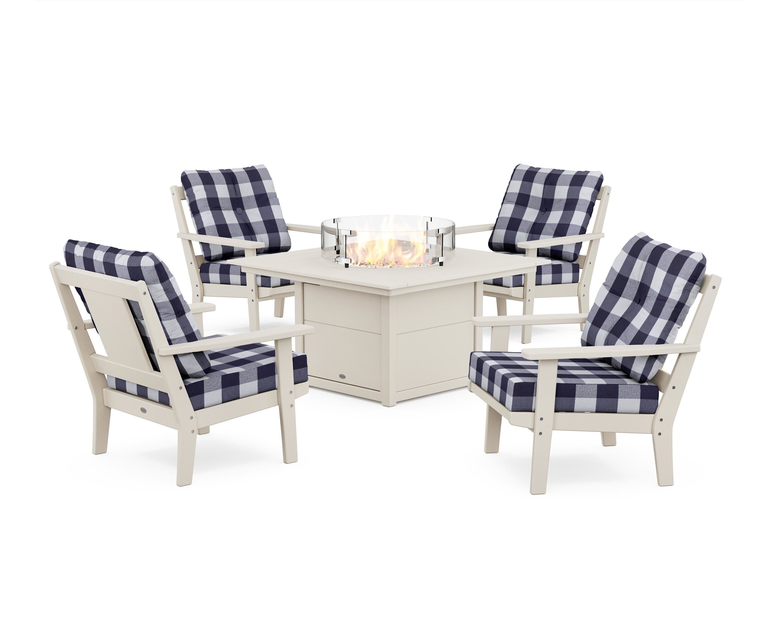 Prairie 5-Piece Deep Seating Set with Fire Pit Table in Sand / Buffalo Plaid Navy