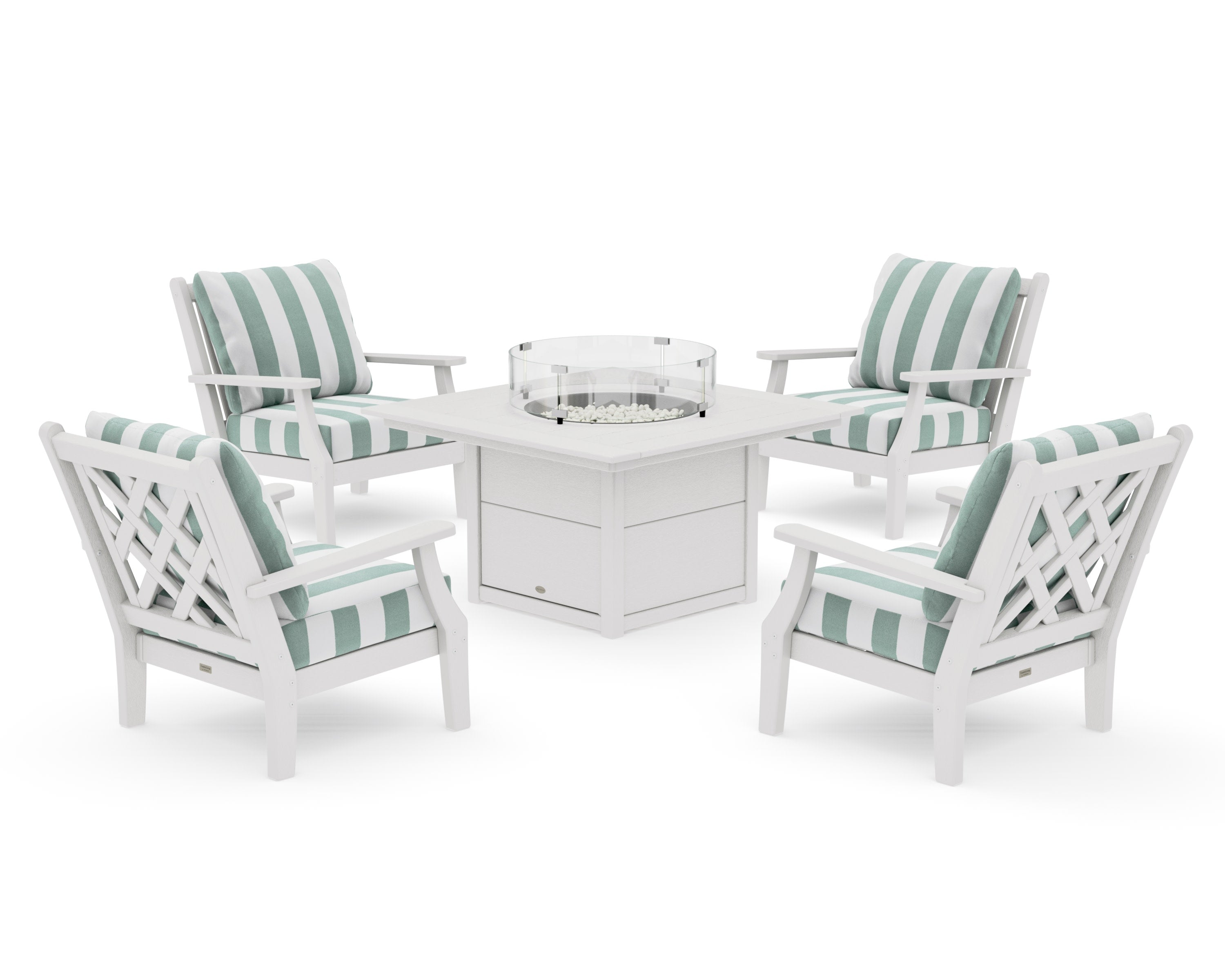 Wovendale 5-Piece Deep Seating Set with Fire Pit Table in Vintage White / Cabana Stripe Glacier Spa