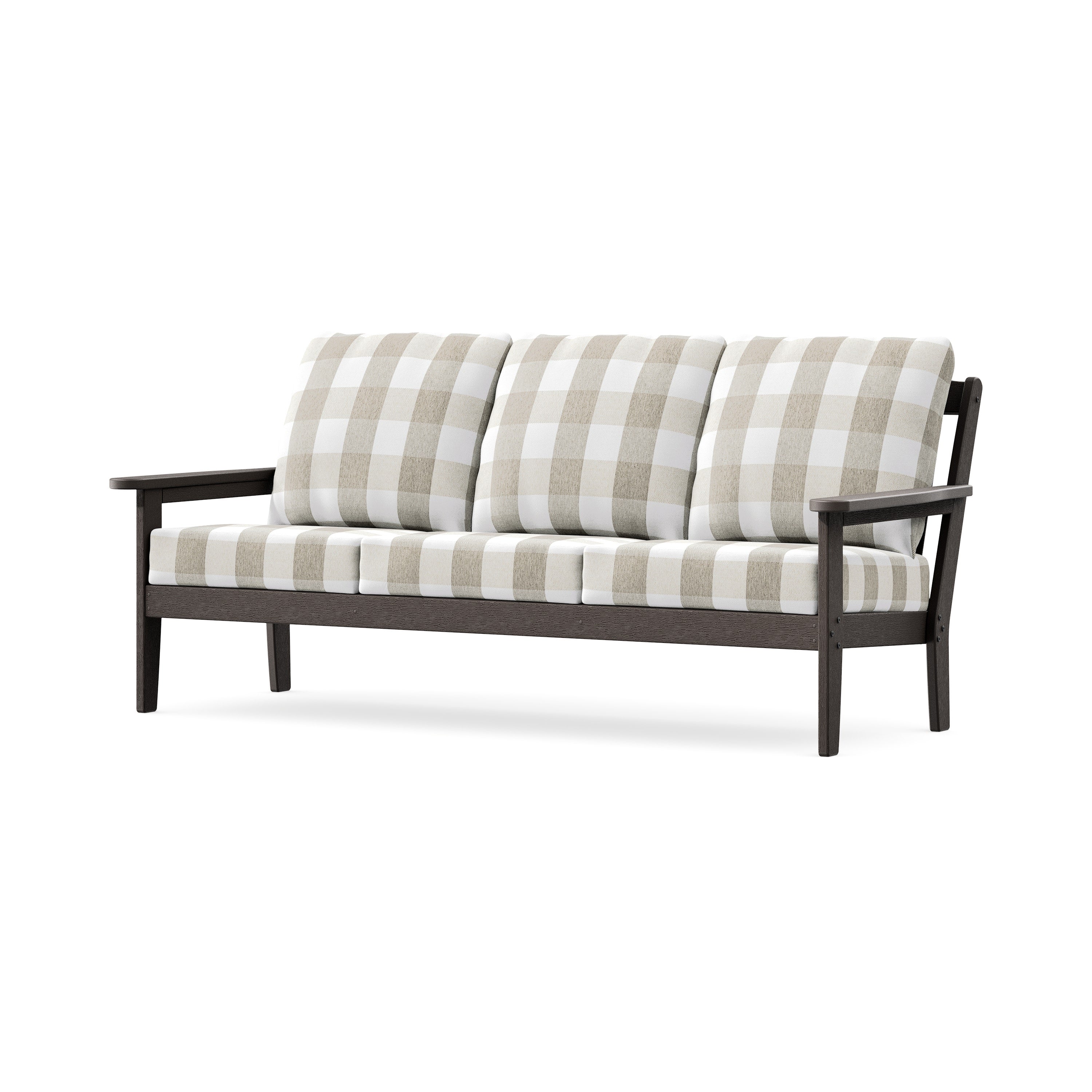 Cottage Deep Seating Sofa in Vintage Coffee / Buffalo Plaid Dune Burlap