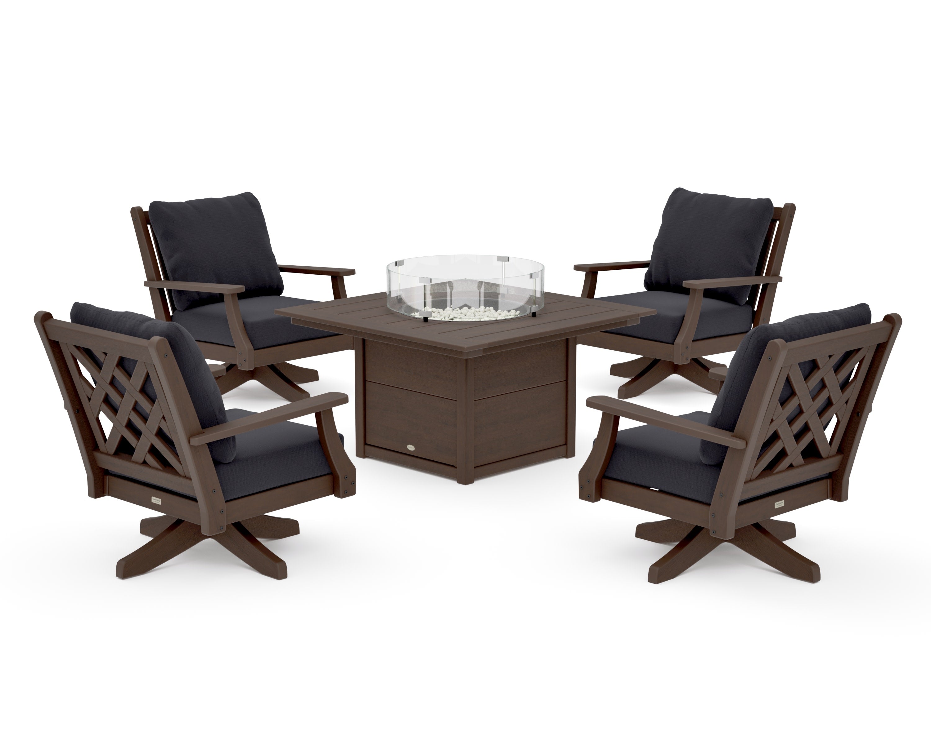 Wovendale 5-Piece Deep Seating Swivel Conversation Set with Fire Pit Table in Kona / Midnight Linen