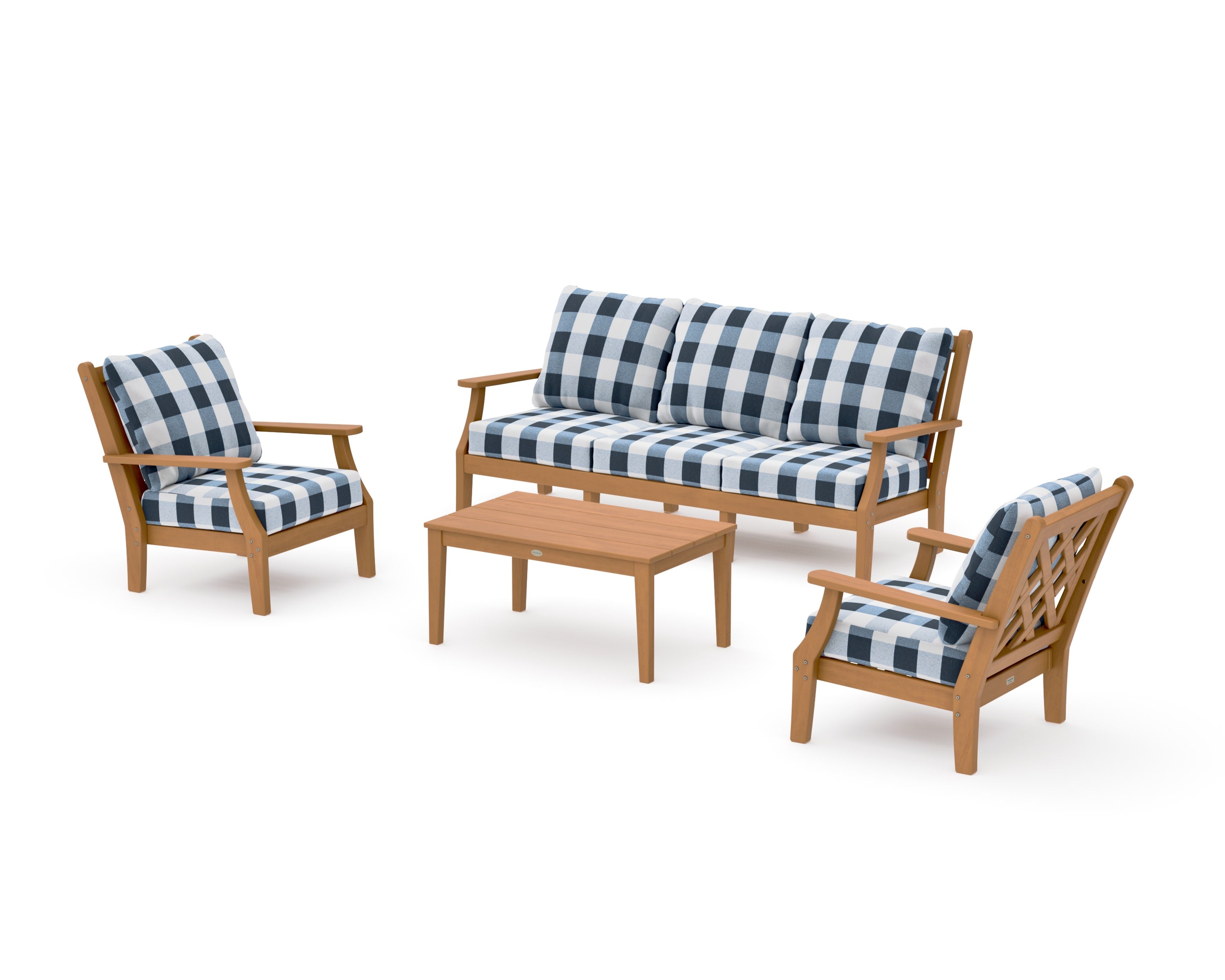 Wovendale 4-Piece Deep Seating Set with Sofa in Natural / Buffalo Plaid Marine Indigo