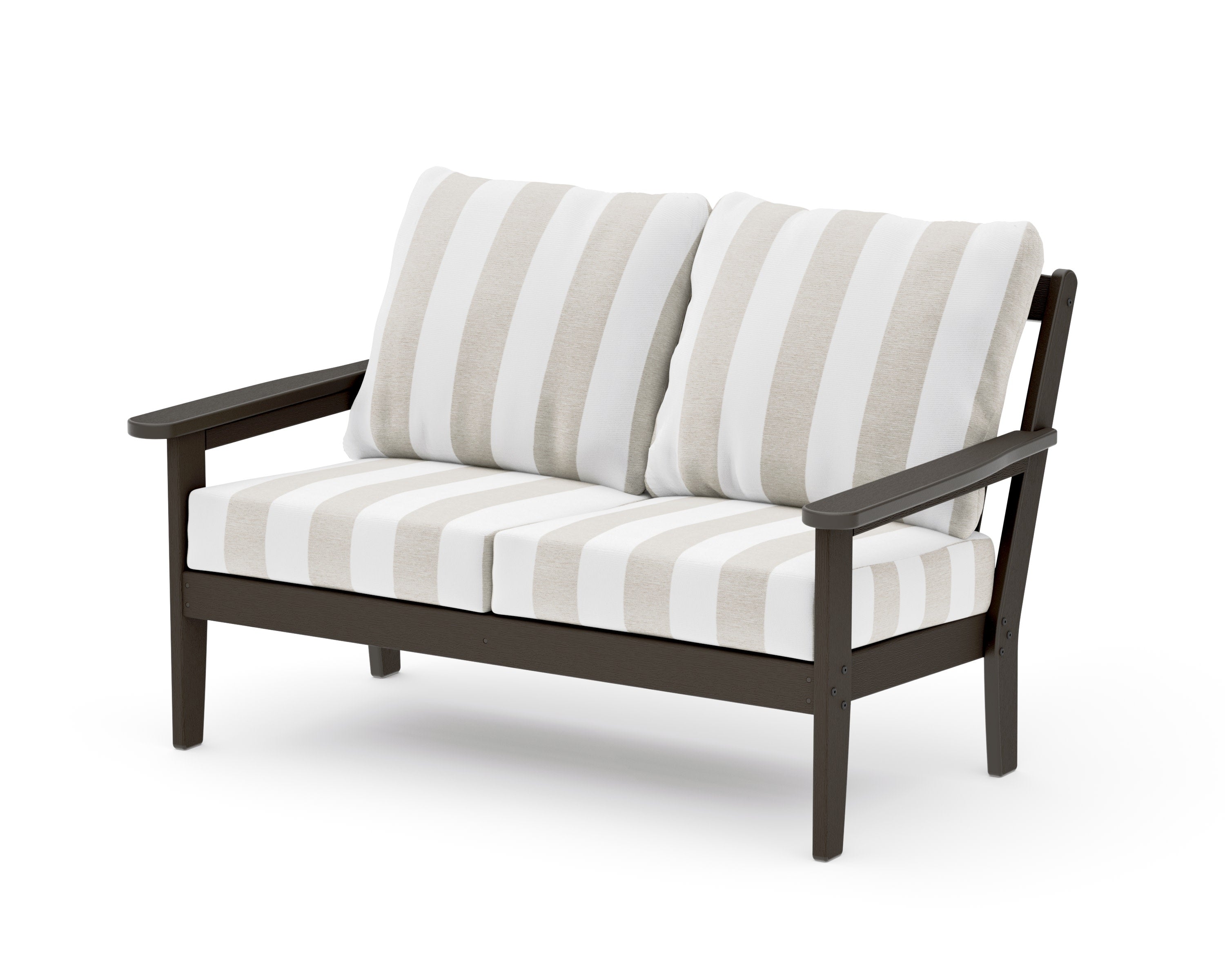 Cottage Deep Seating Loveseat in Vintage Coffee / Cabana Stripe Dune Burlap