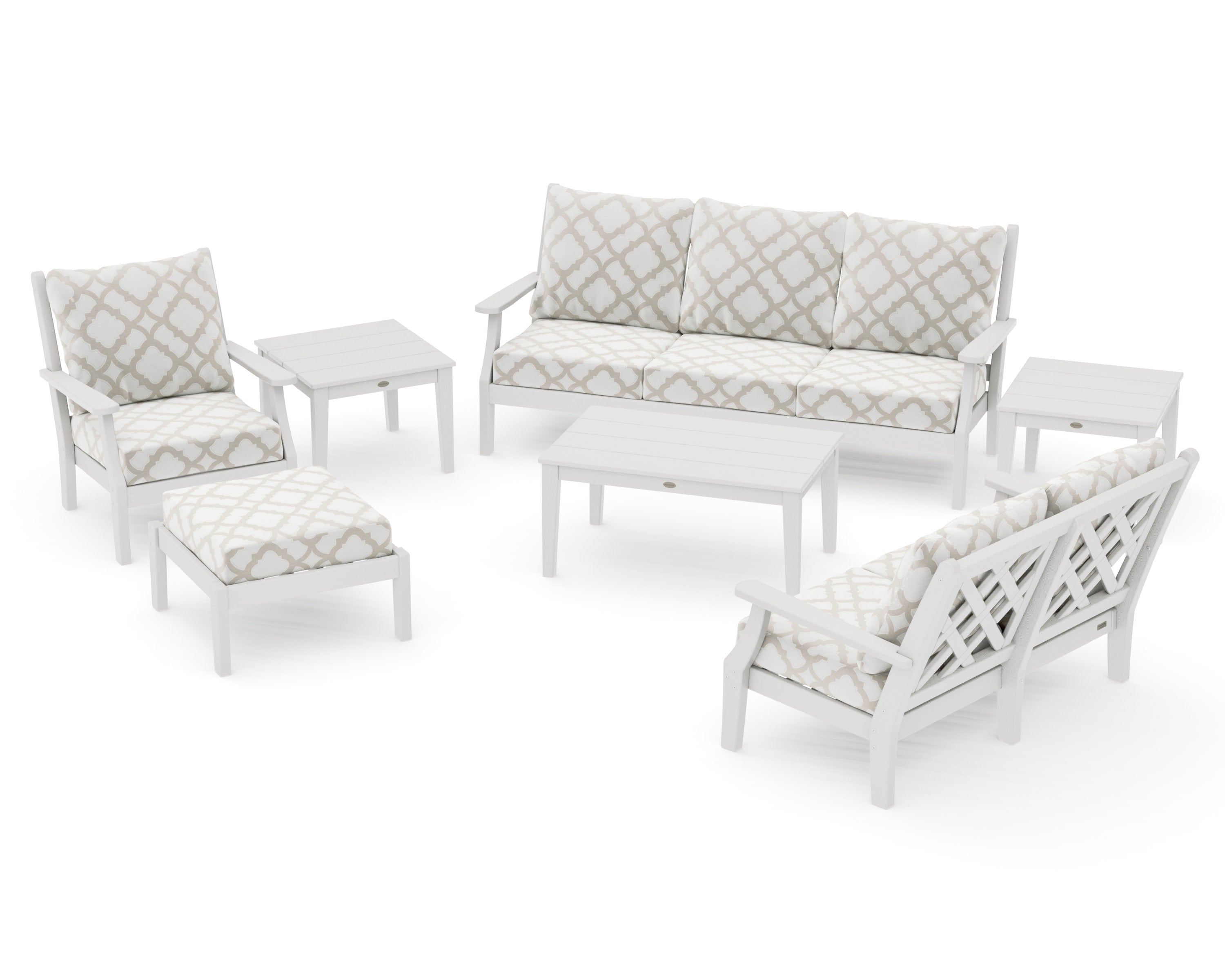 Wovendale 7-Piece Deep Seating Set in Vintage White / Trellis Dune Burlap