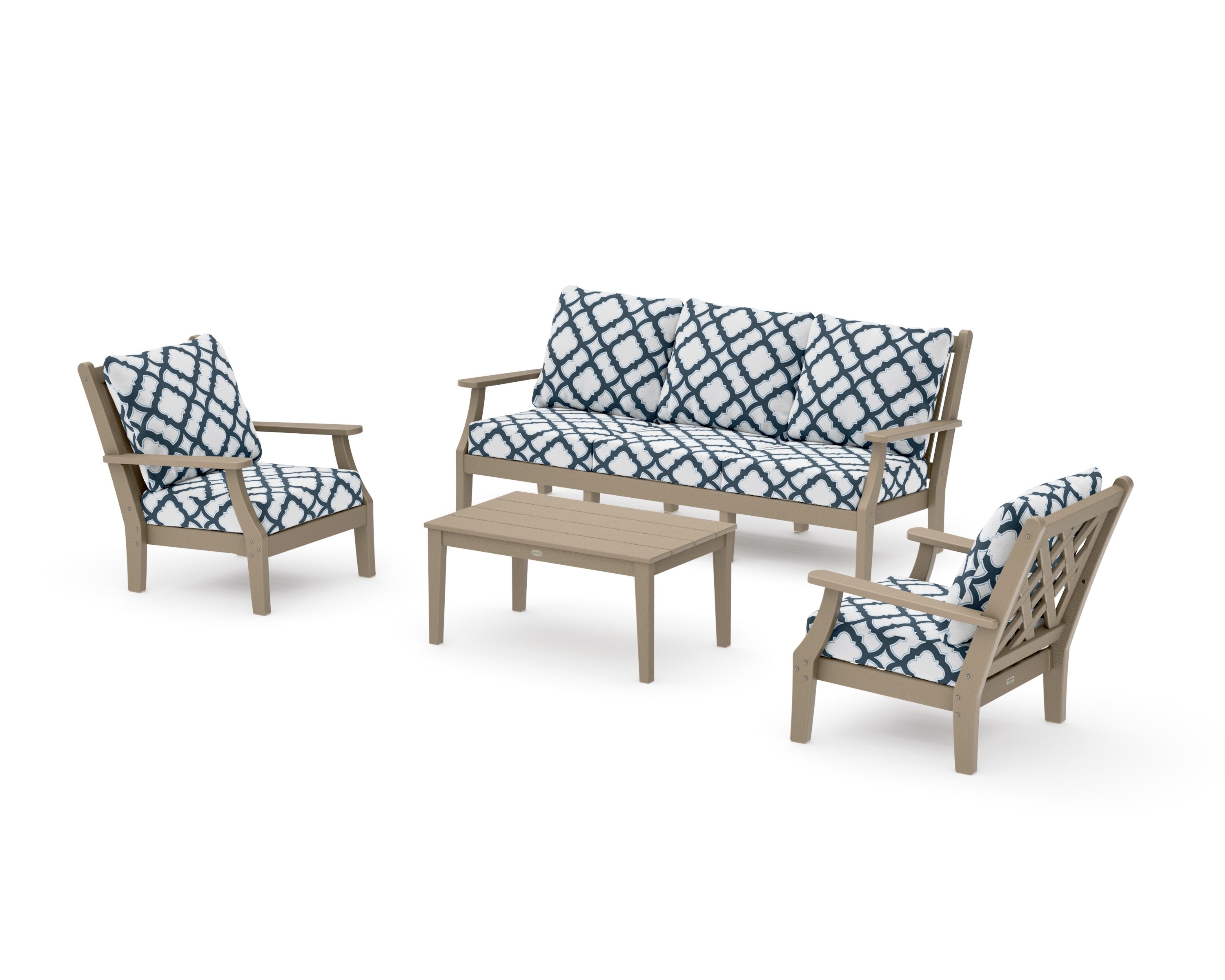 Wovendale 4-Piece Deep Seating Set with Sofa in Vintage Sahara / Trellis Marine Indigo