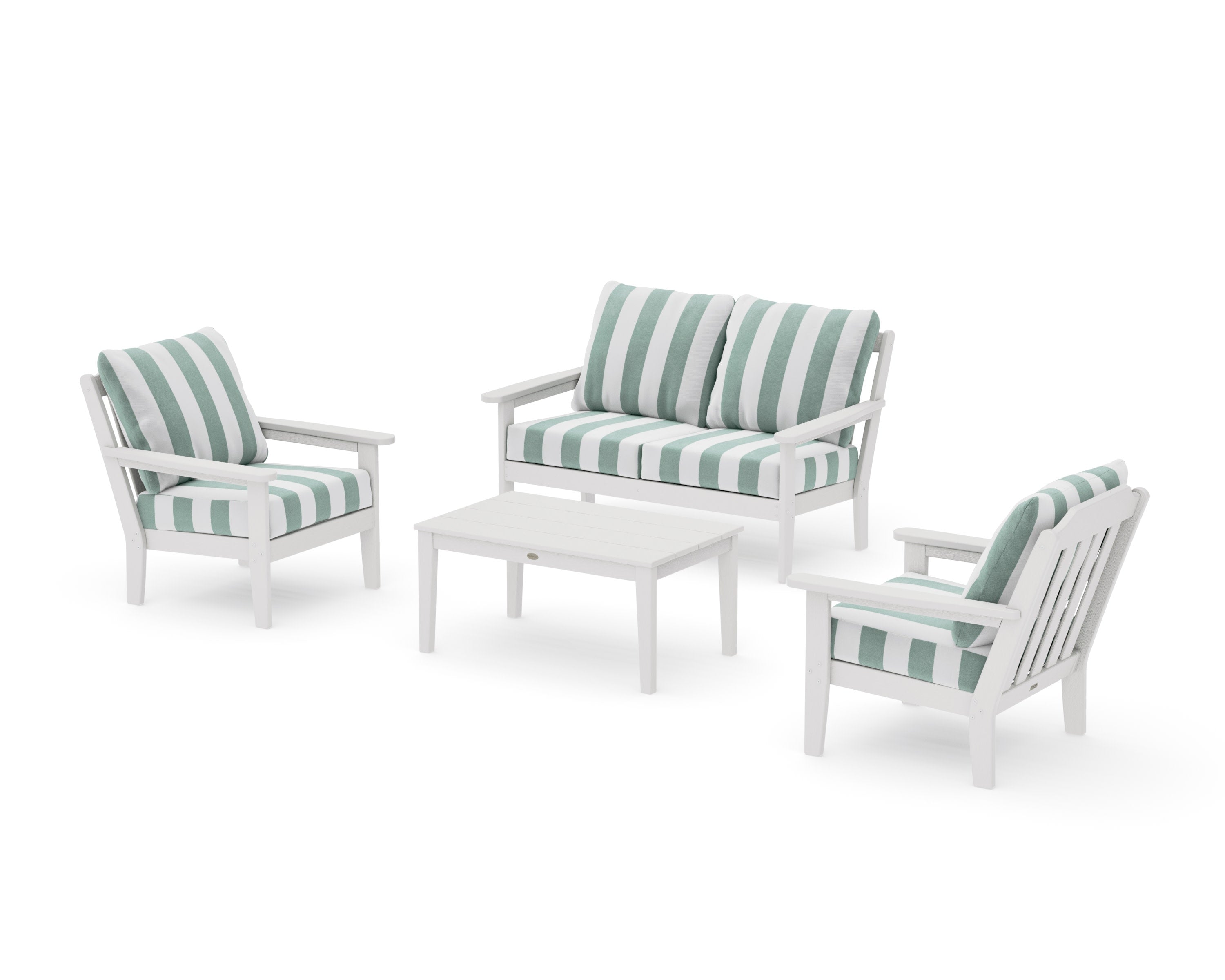 Cottage 4-Piece Deep Seating Set with Loveseat in Vintage White / Cabana Stripe Glacier Spa