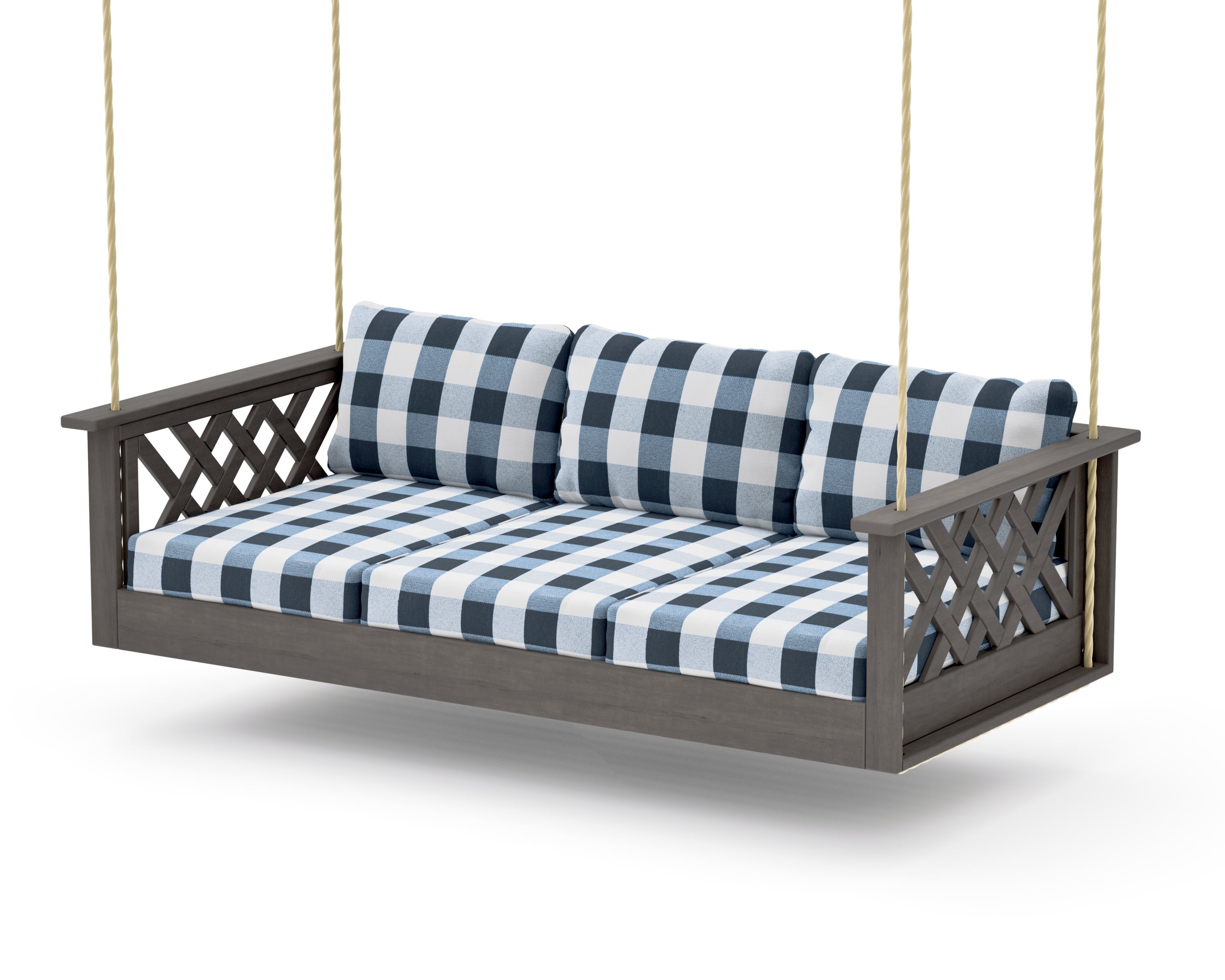 Wovendale Daybed Swing in Driftwood / Buffalo Plaid Marine Indigo