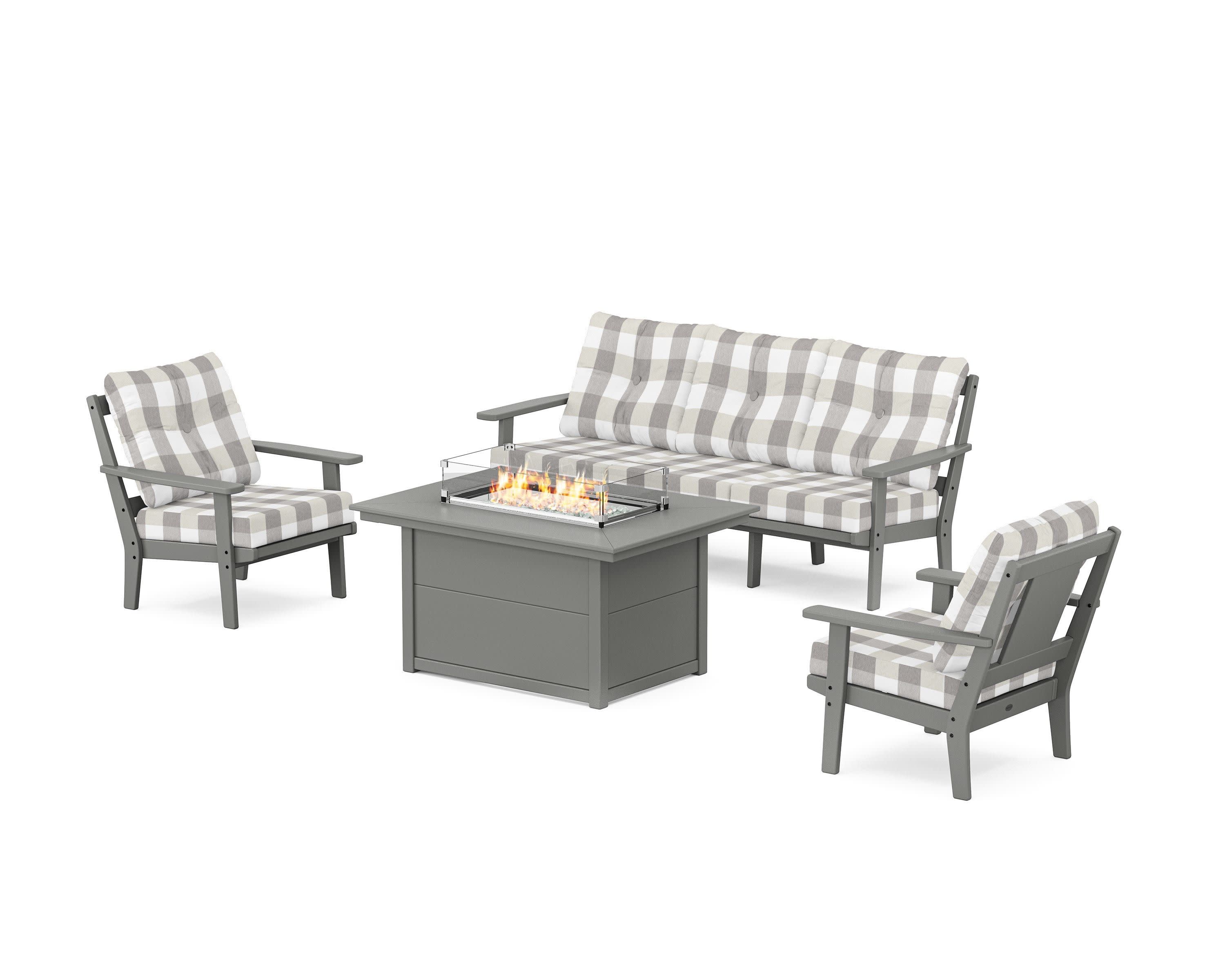 Prairie Deep Seating Fire Pit Table Set in Slate Grey / Buffalo Plaid Grey Mist