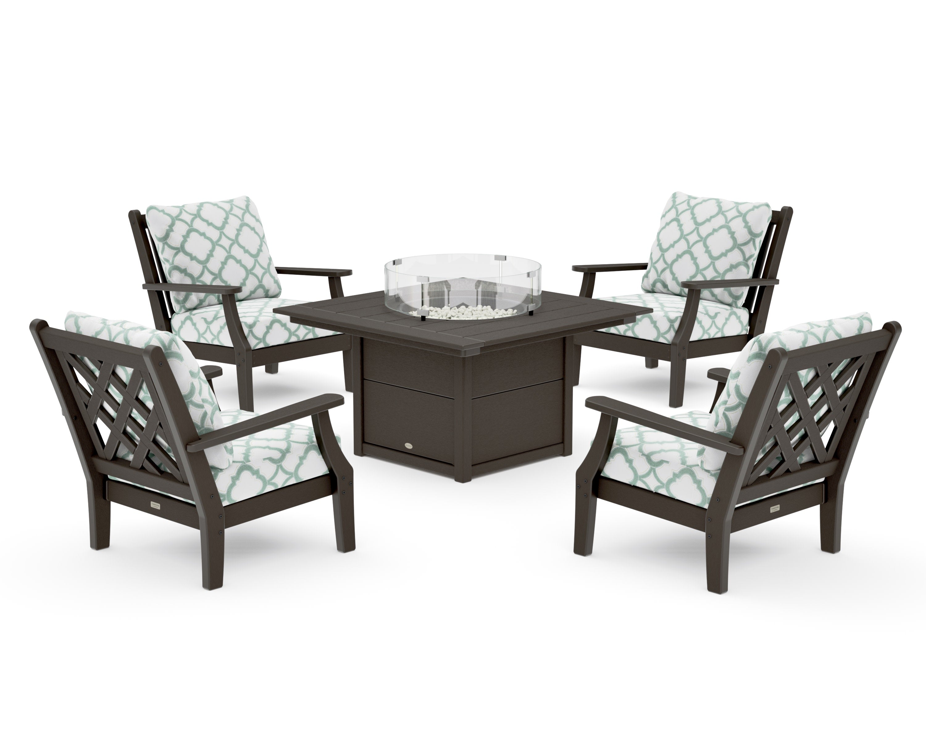 Wovendale 5-Piece Deep Seating Set with Fire Pit Table in Vintage Coffee / Trellis Glacier Spa