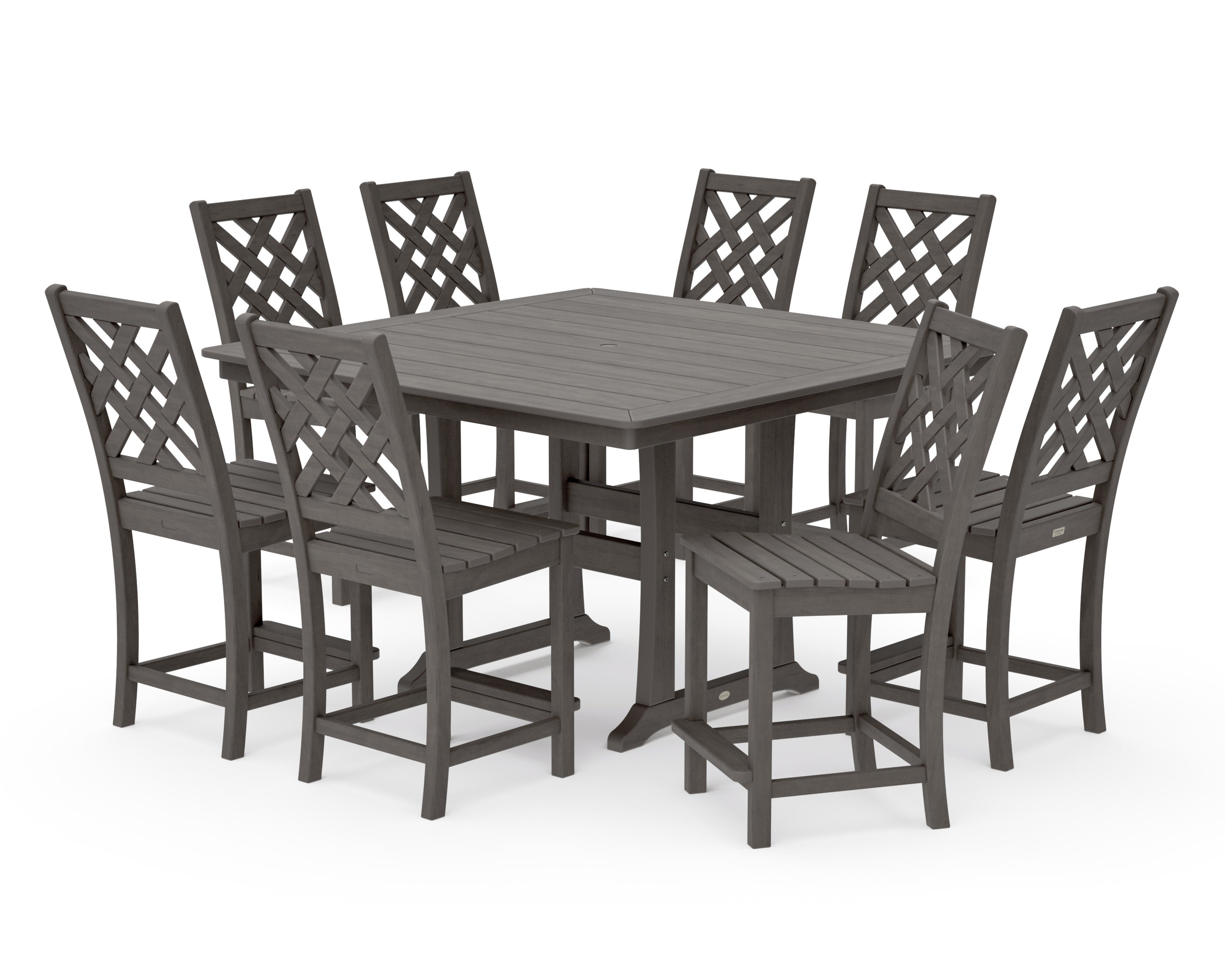 Wovendale Side Chair 9-Piece Square Counter Set with Trestle Legs in Driftwood
