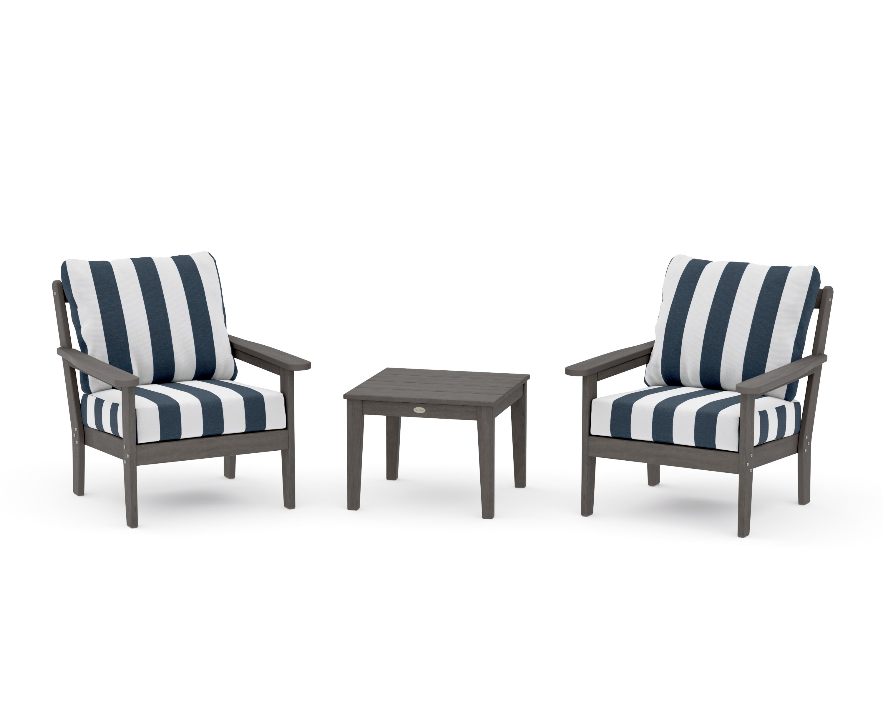 Cottage 3-Piece Deep Seating Set in Driftwood / Cabana Stripe Marine Indigo