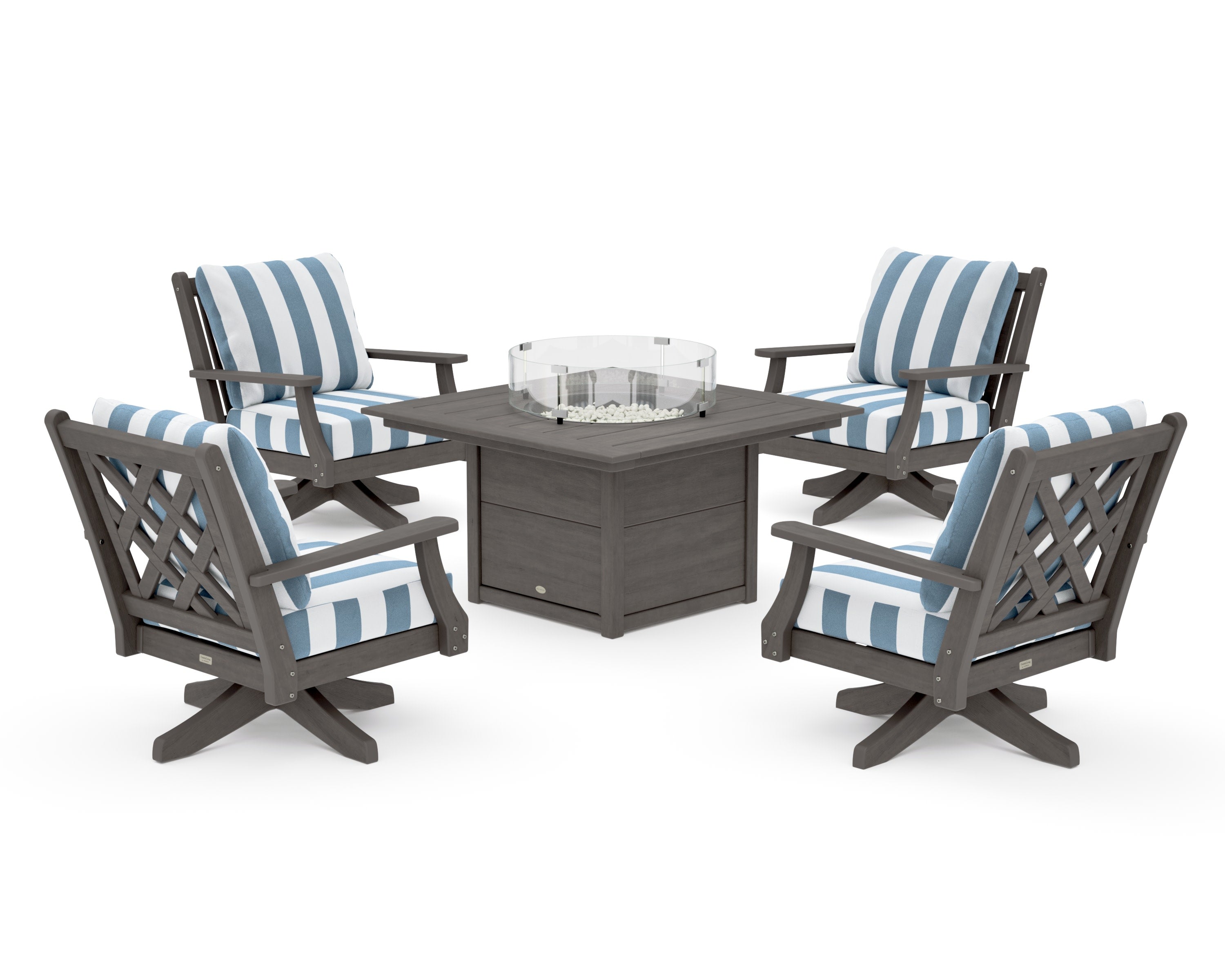 Wovendale 5-Piece Deep Seating Swivel Conversation Set with Fire Pit Table in Driftwood / Cabana Stripe Sky Blue