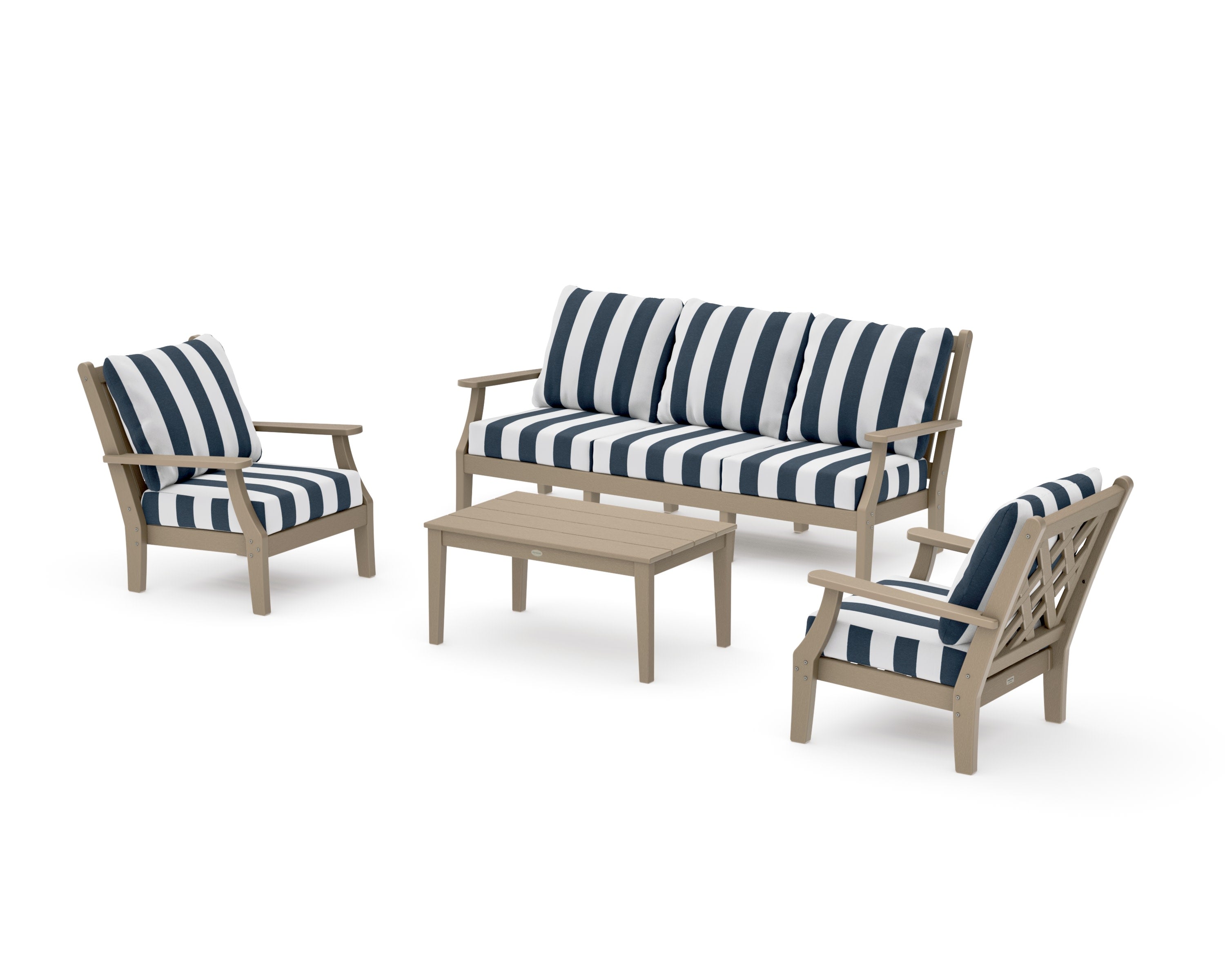 Wovendale 4-Piece Deep Seating Set with Sofa in Vintage Sahara / Cabana Stripe Marine Indigo