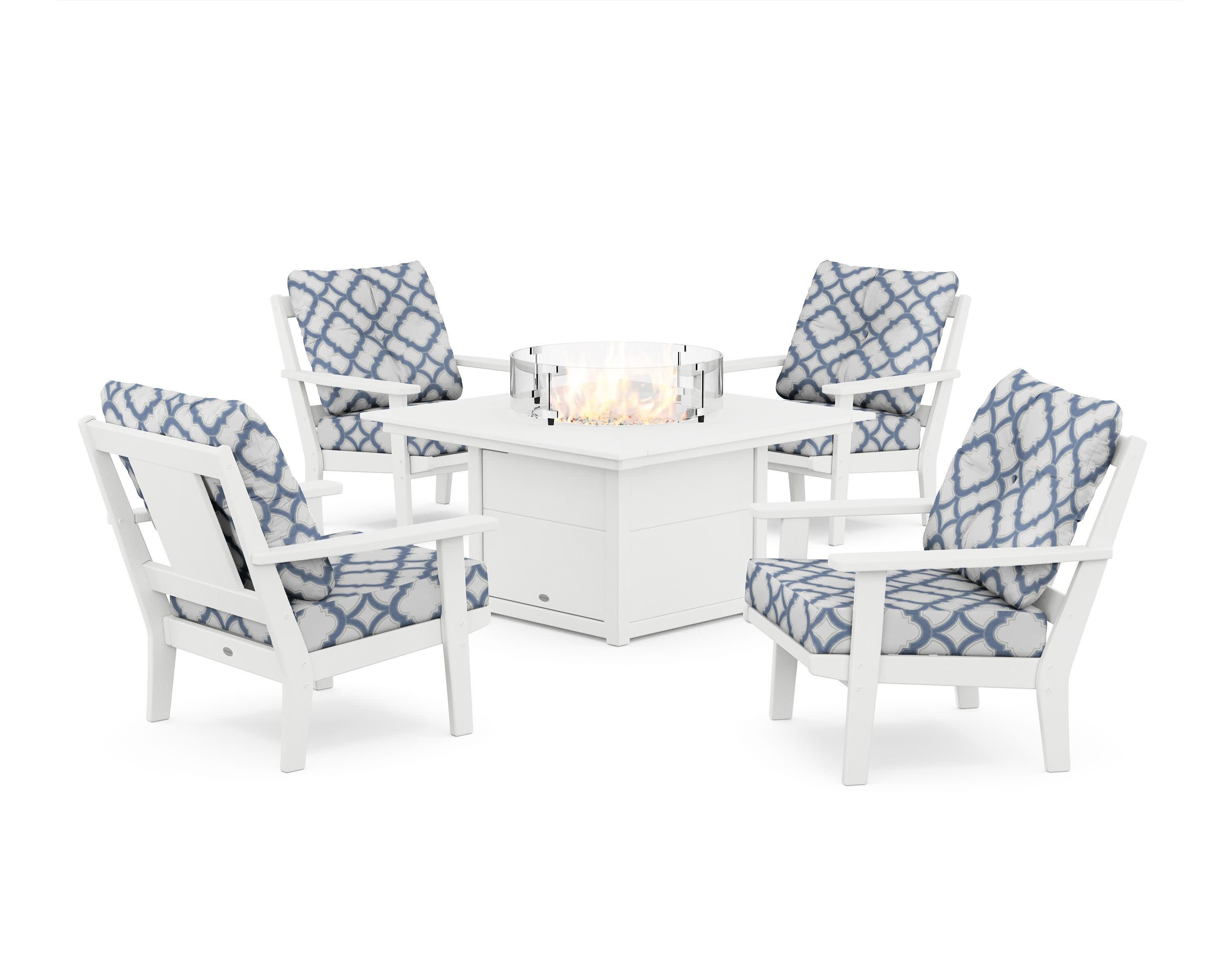 Prairie 5-Piece Deep Seating Set with Fire Pit Table in White / Trellis Sky Blue