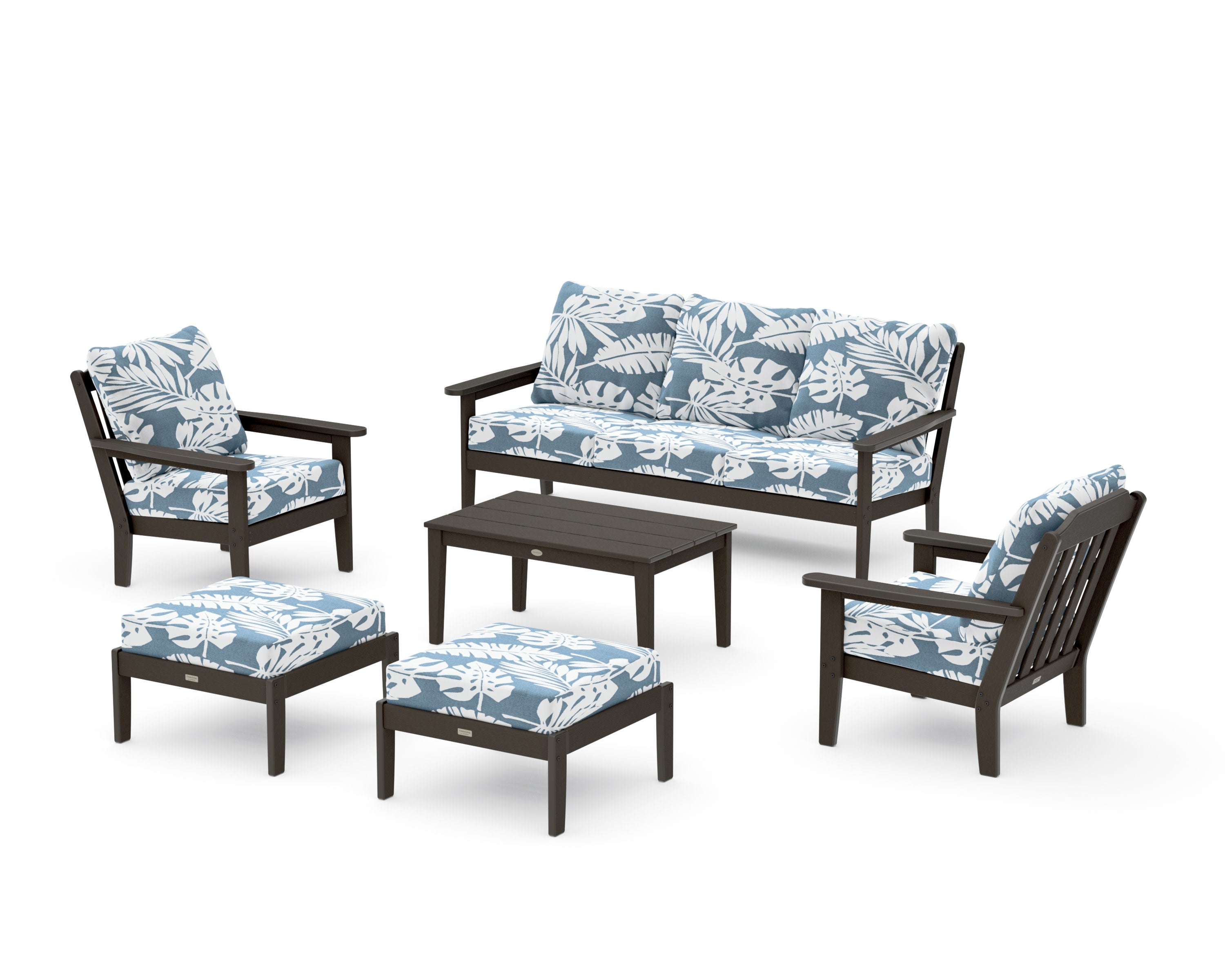Cottage 6-Piece Lounge Sofa Set in Vintage Coffee / Leaf Sky Blue