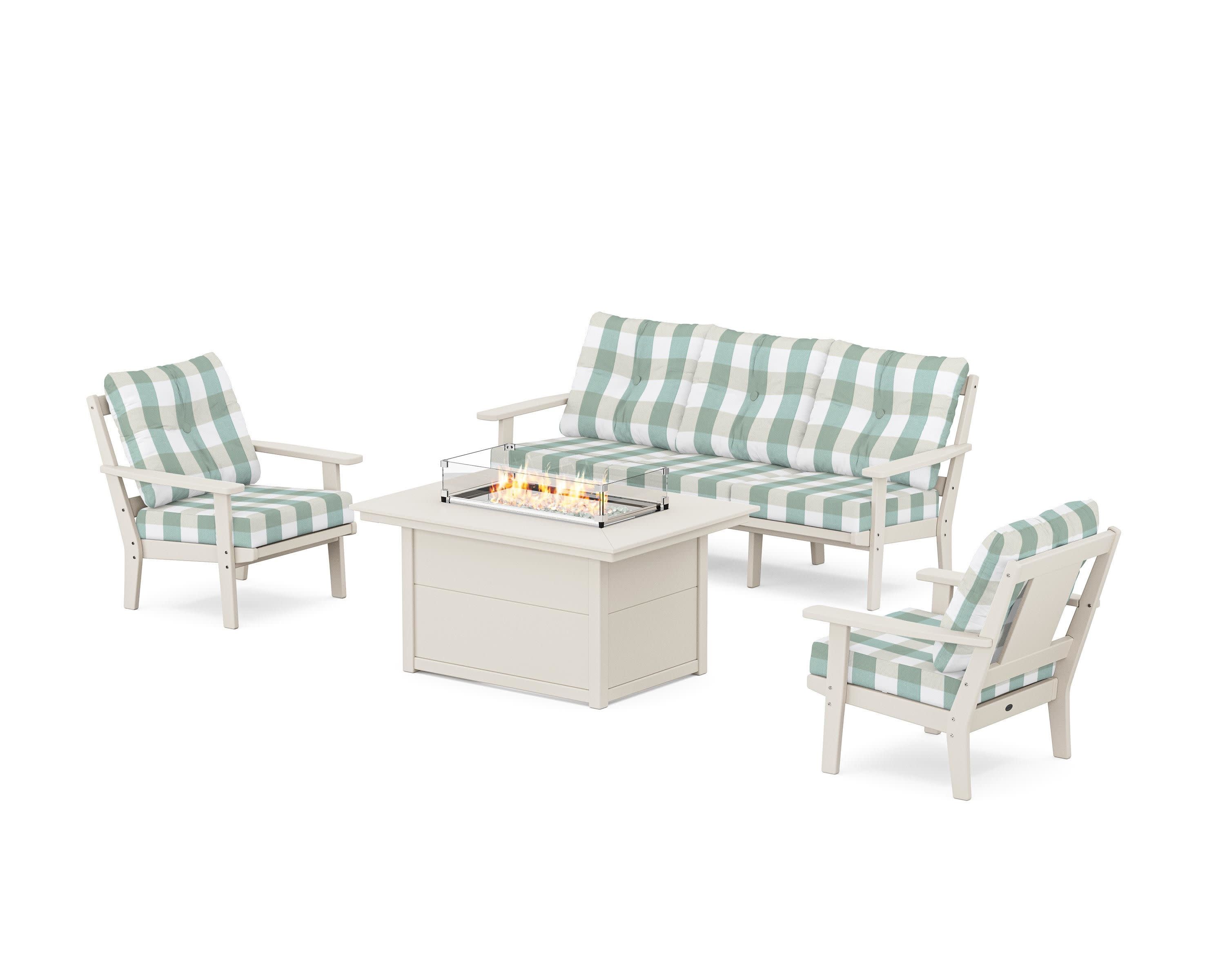 Prairie Deep Seating Fire Pit Table Set in Sand / Buffalo Plaid Glacier Spa