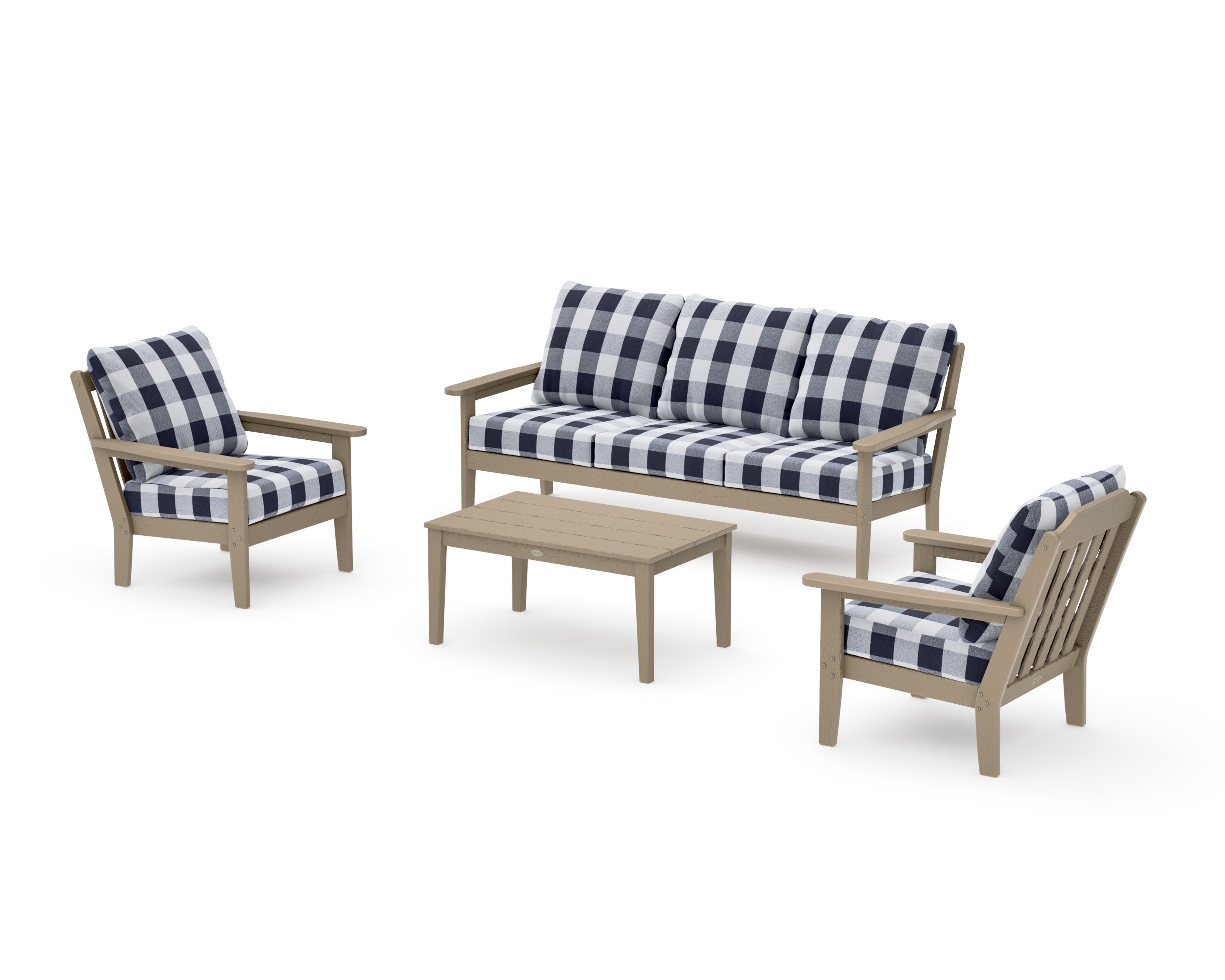 Cottage 4-Piece Deep Seating Set with Sofa in Vintage Sahara / Buffalo Plaid Navy