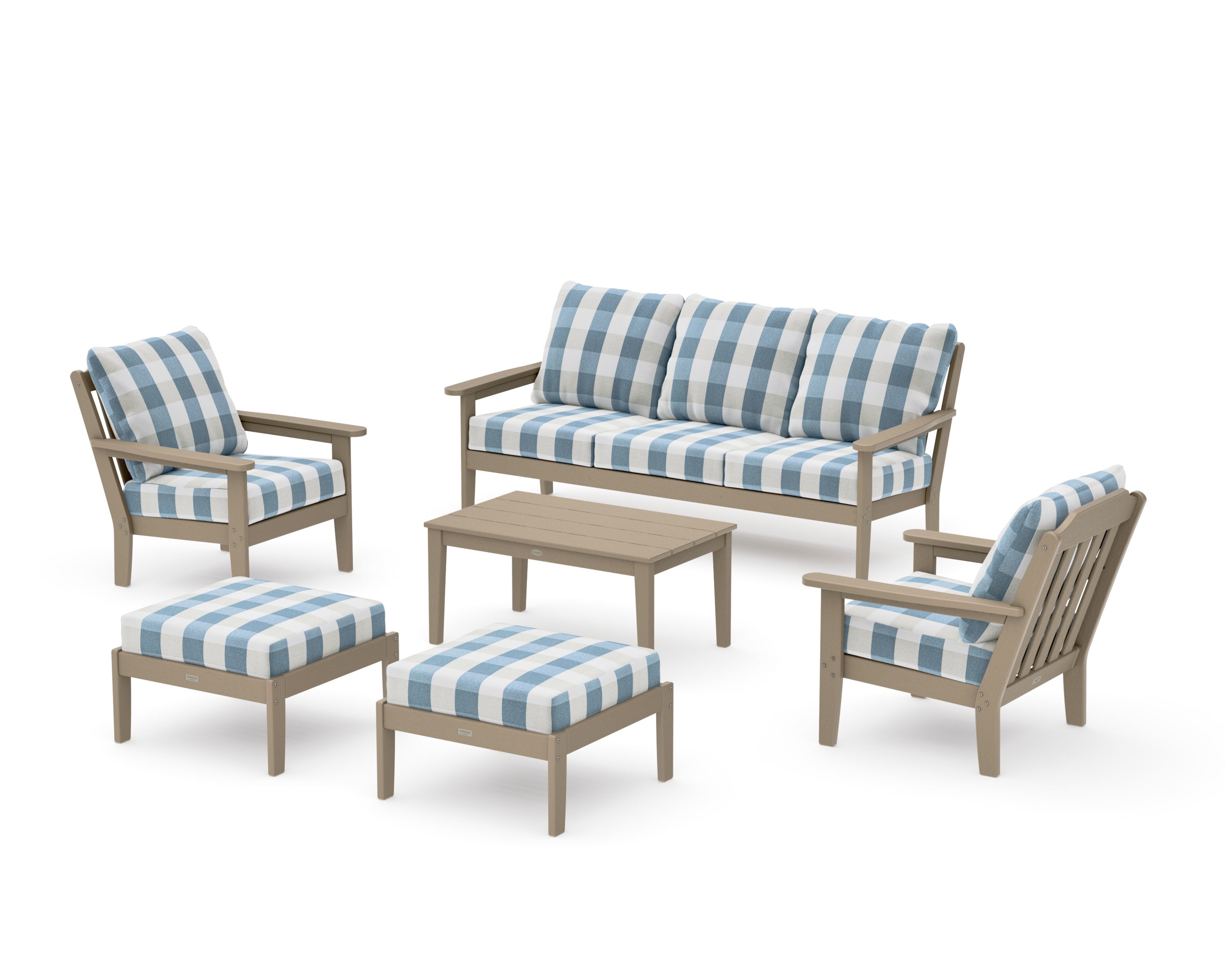 Cottage 6-Piece Lounge Sofa Set in Vintage Sahara / Buffalo Plaid Sky Blue
