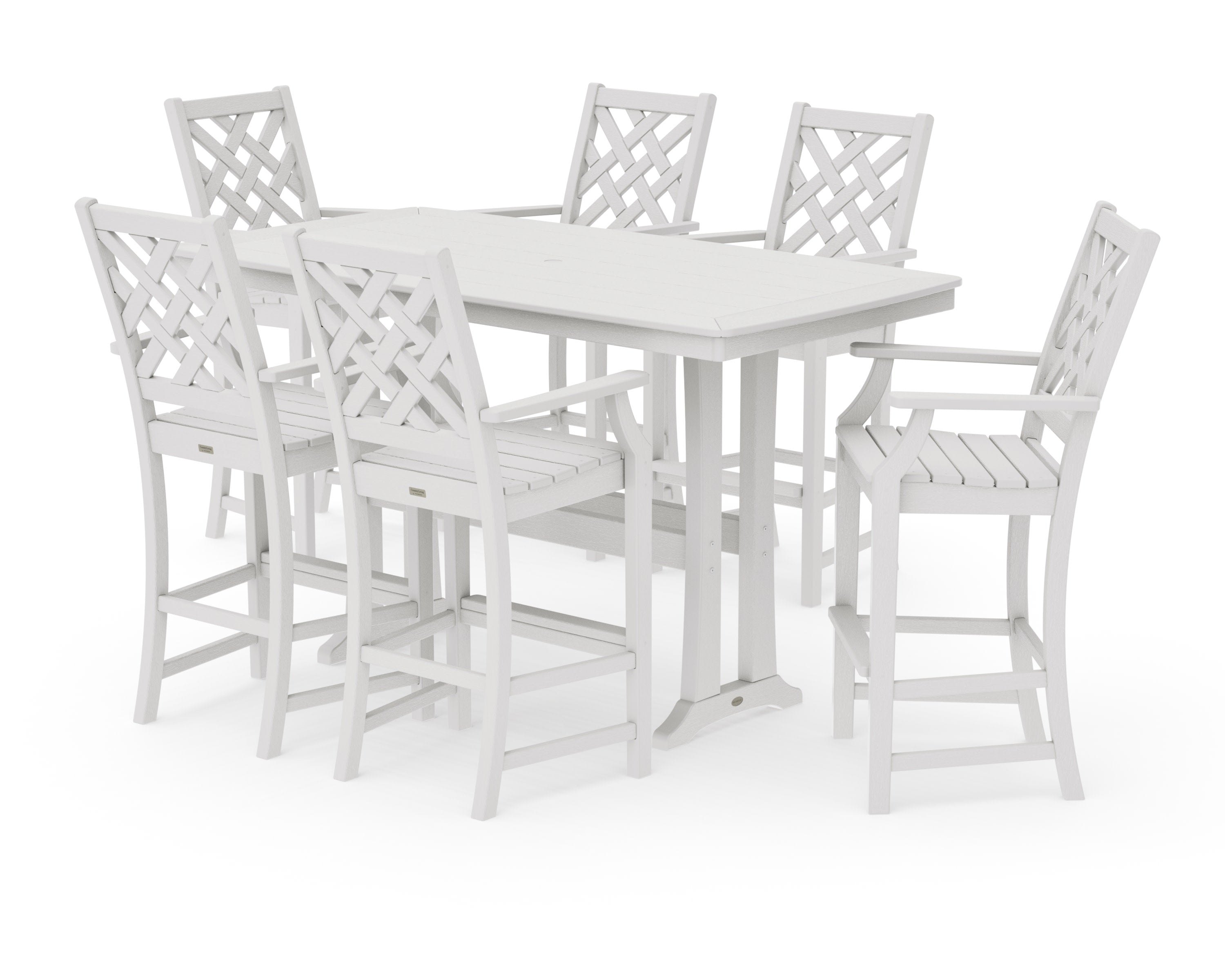 Wovendale Arm Chair 7-Piece Bar Set with Trestle Legs in Vintage White
