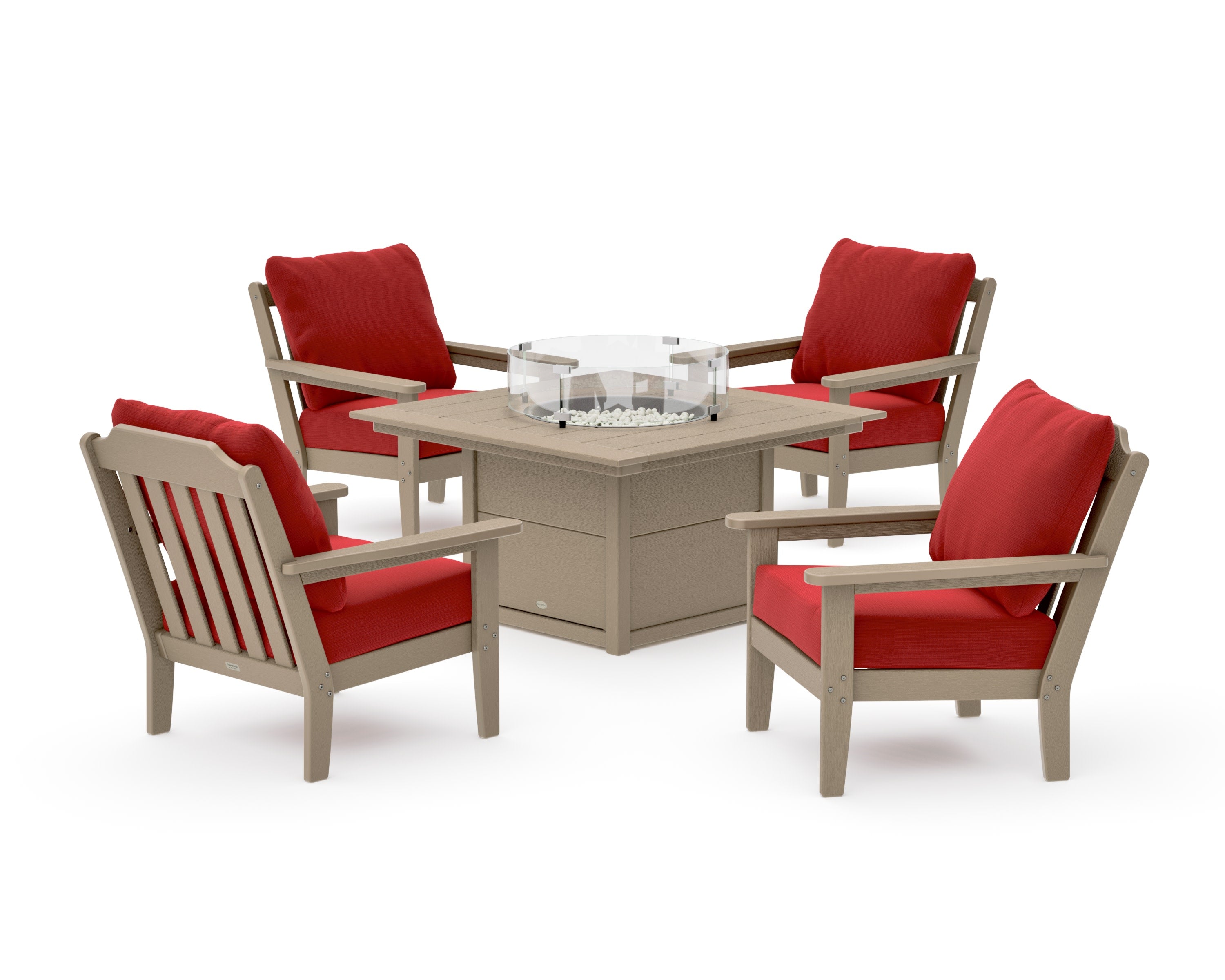Cottage 5-Piece Deep Seating Set with Fire Pit Table in Vintage Sahara / Crimson Linen