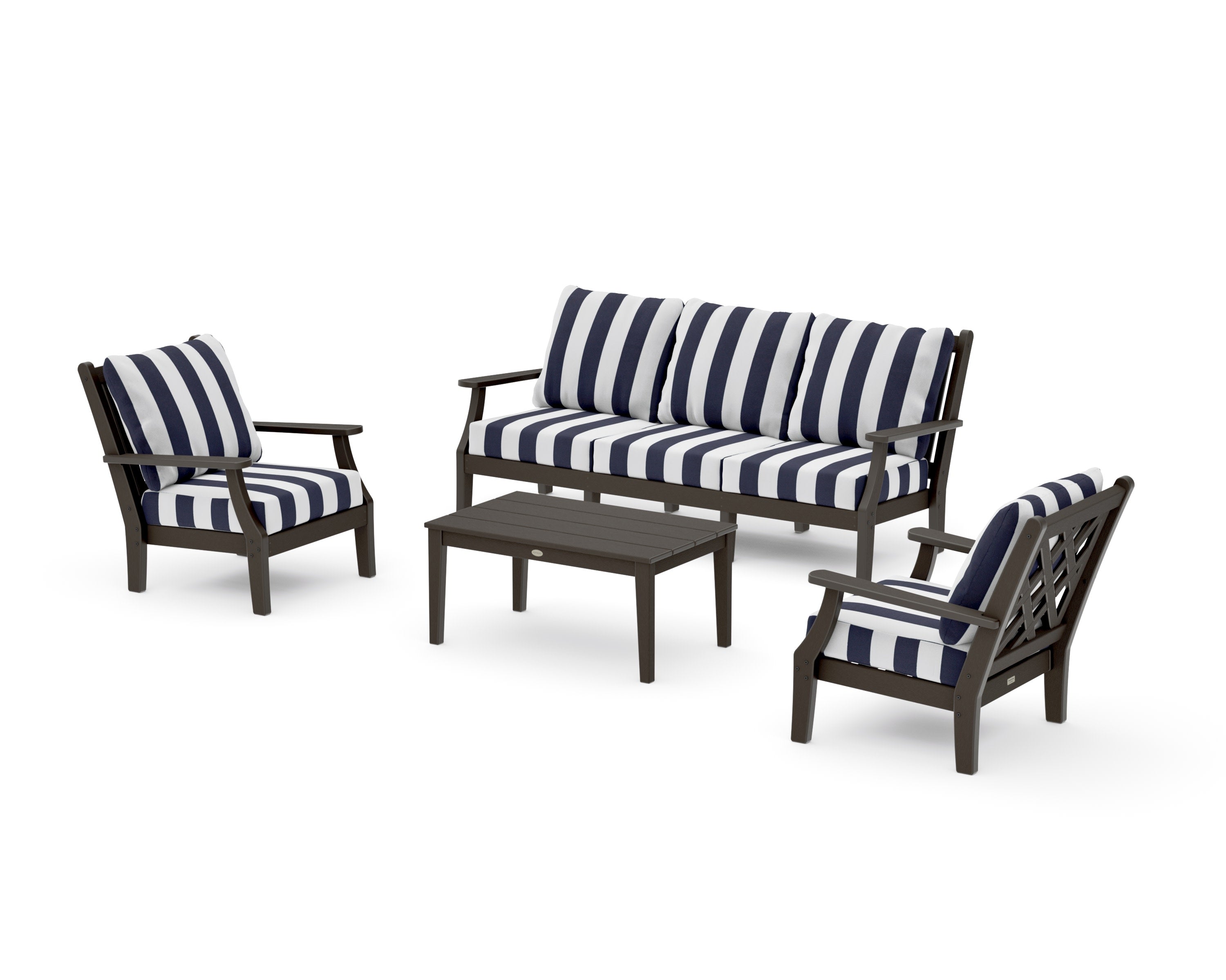 Wovendale 4-Piece Deep Seating Set with Sofa in Vintage Coffee / Cabana Stripe Navy