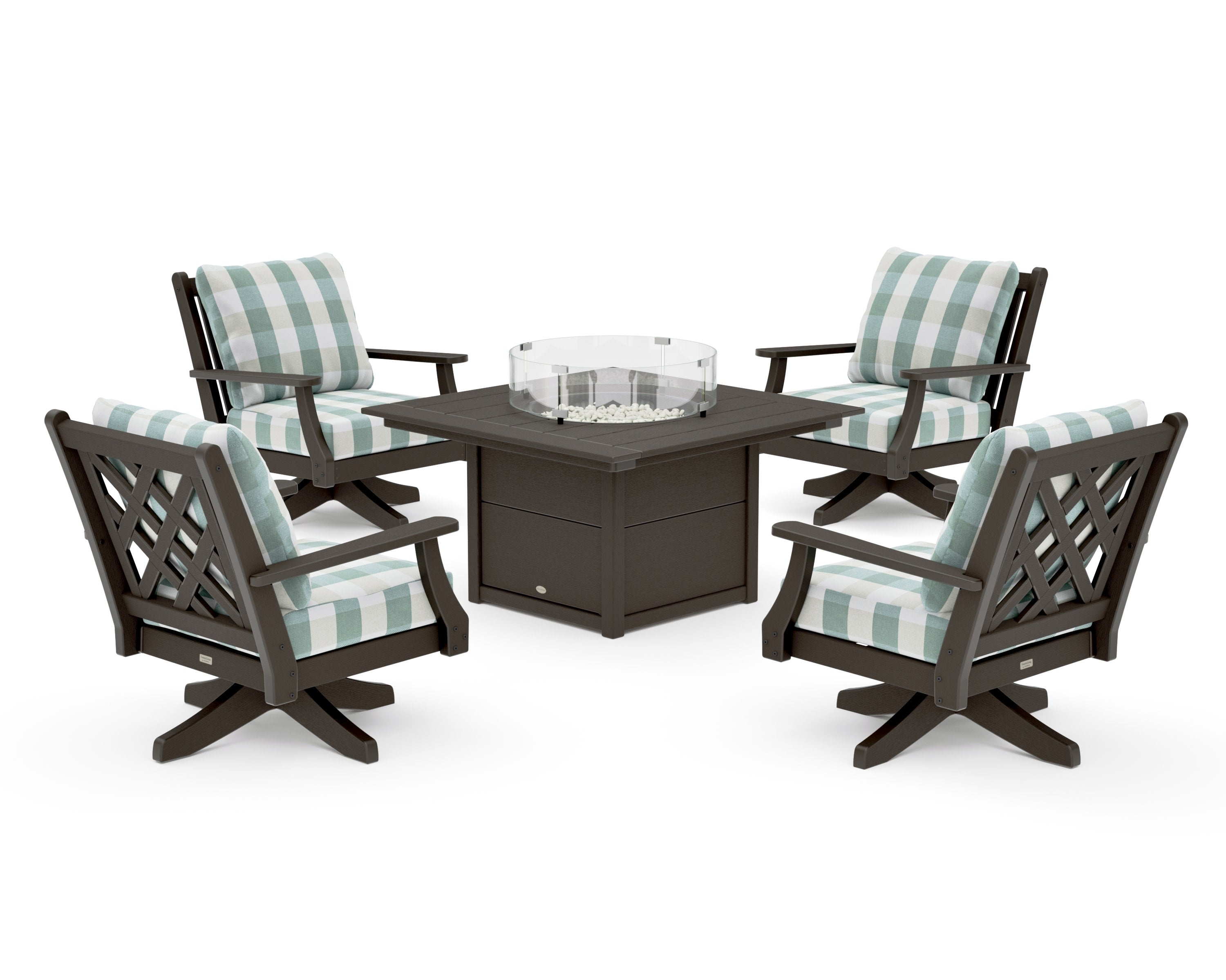 Wovendale 5-Piece Deep Seating Swivel Conversation Set with Fire Pit Table in Vintage Coffee / Buffalo Plaid Glacier Spa