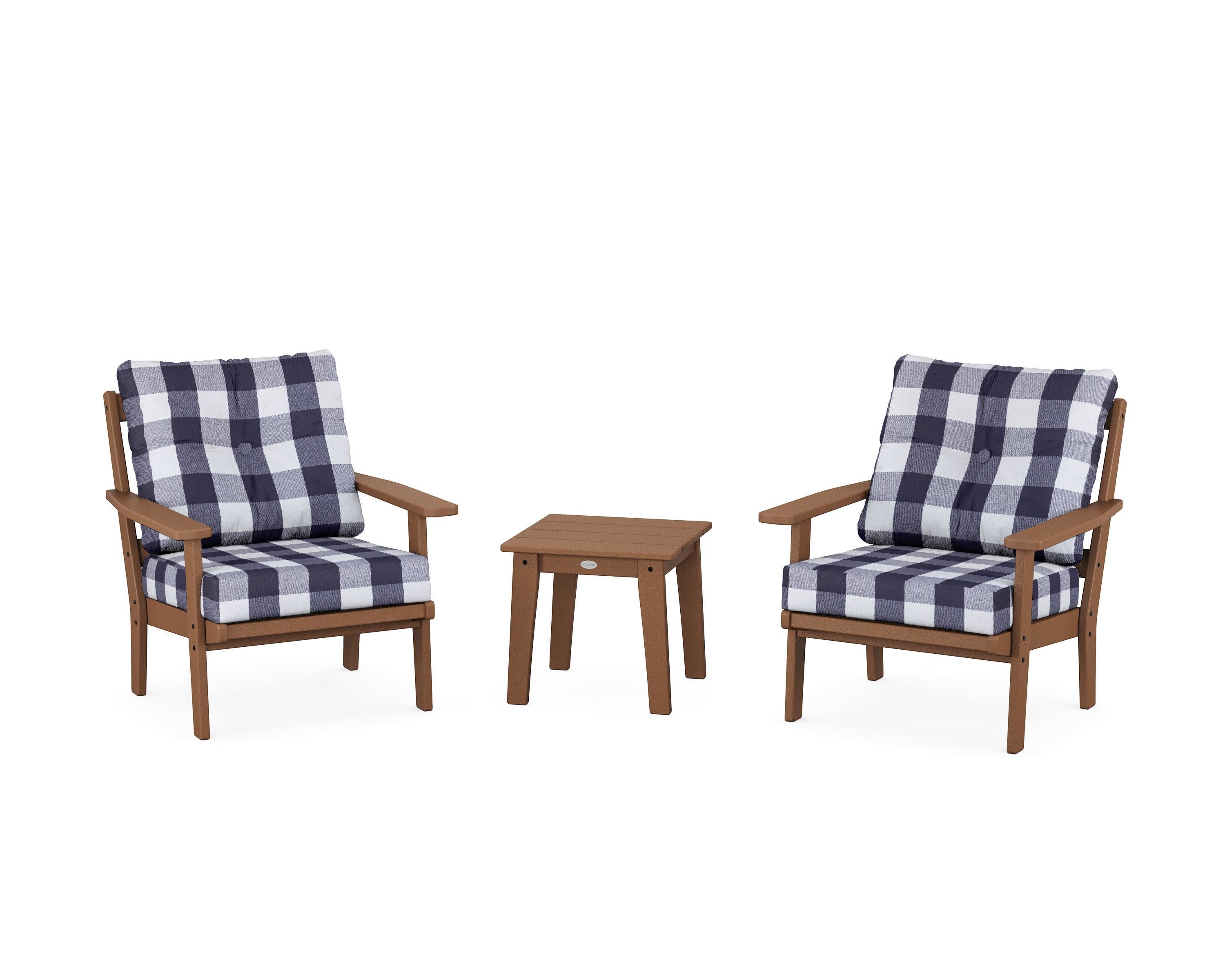 Prairie 3-Piece Deep Seating Set in Teak / Buffalo Plaid Navy