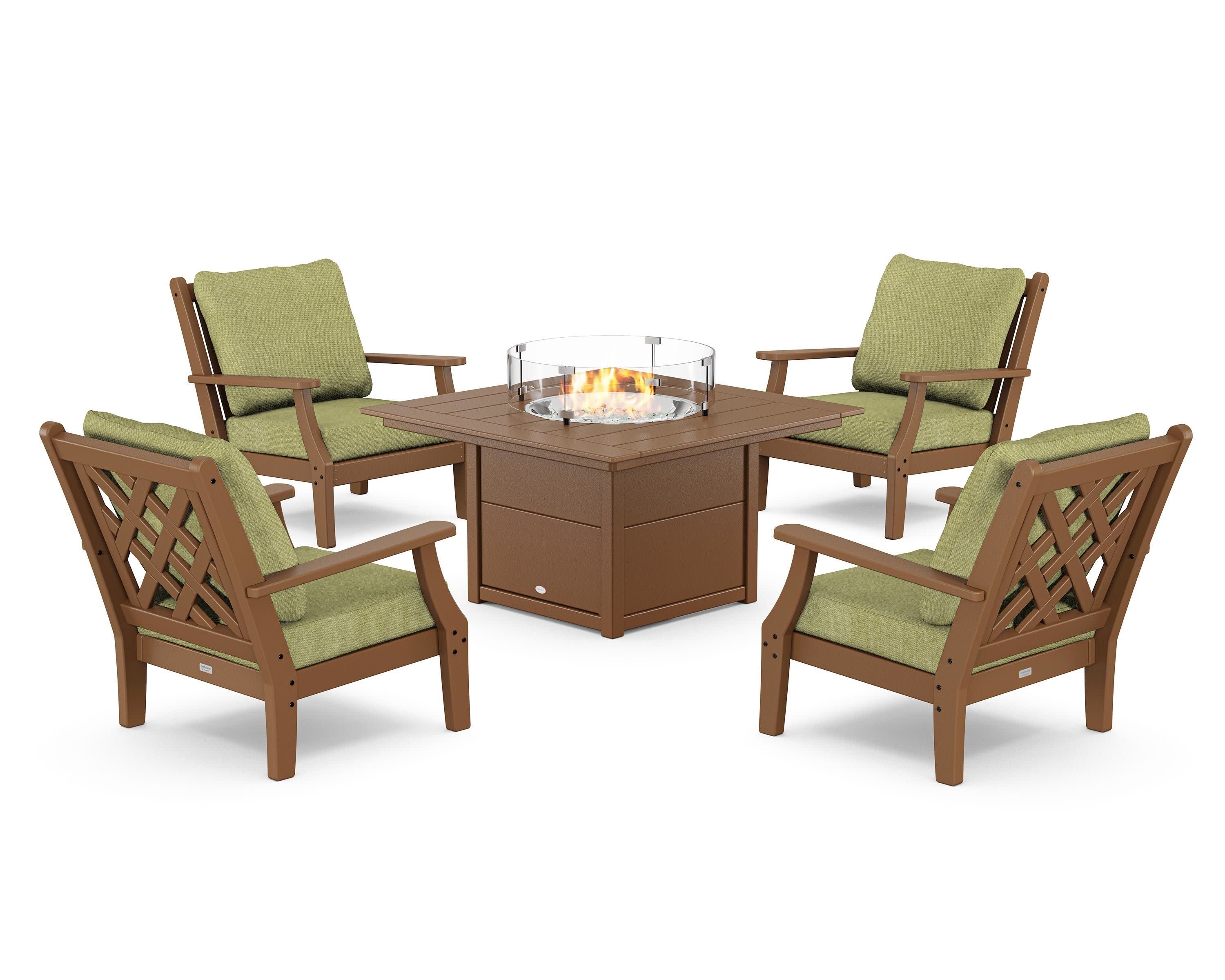 Wovendale 5-Piece Deep Seating Set with Fire Pit Table in Teak / Chartreuse Boucle