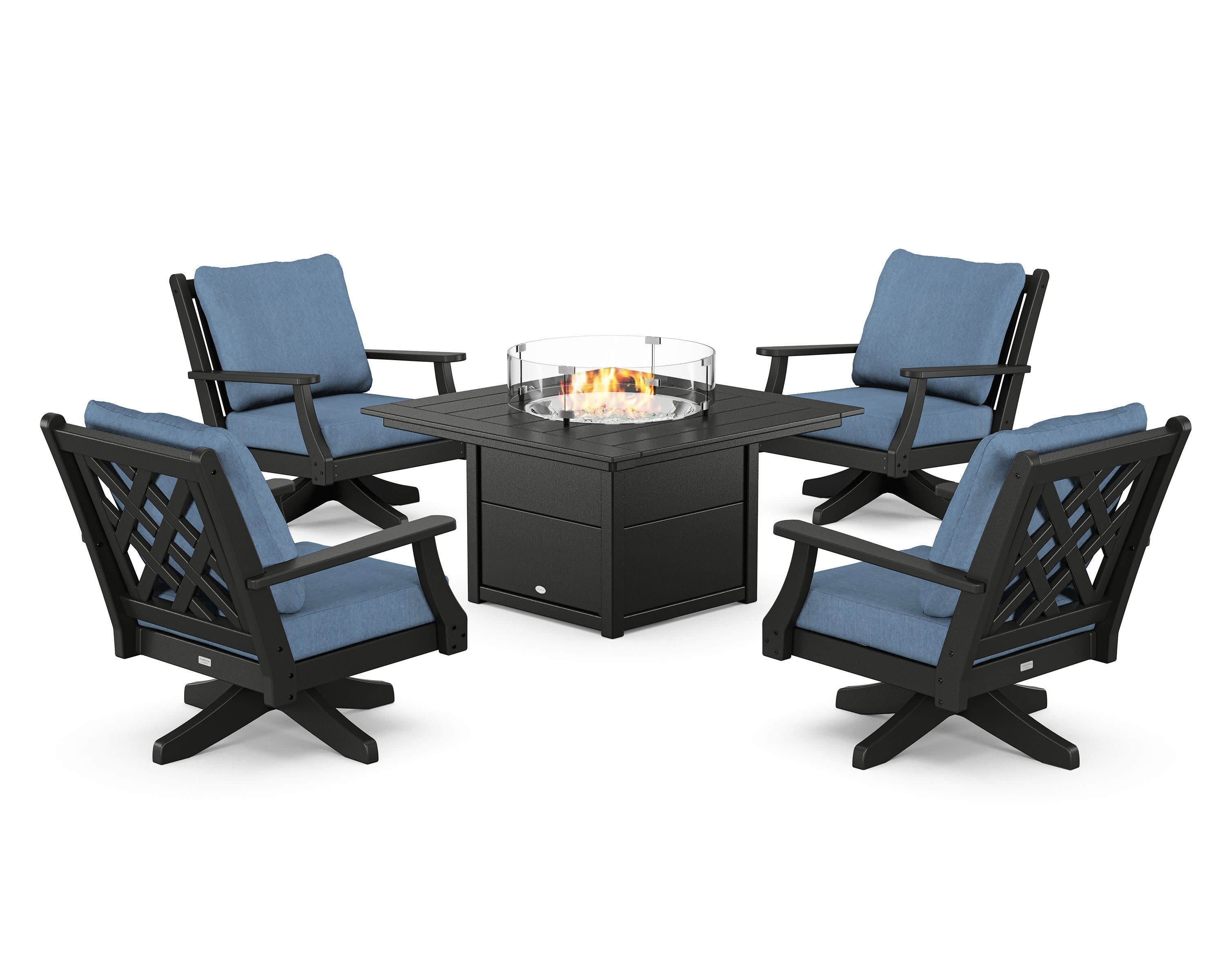Wovendale 5-Piece Deep Seating Swivel Conversation Set with Fire Pit Table in Black / Sky Blue
