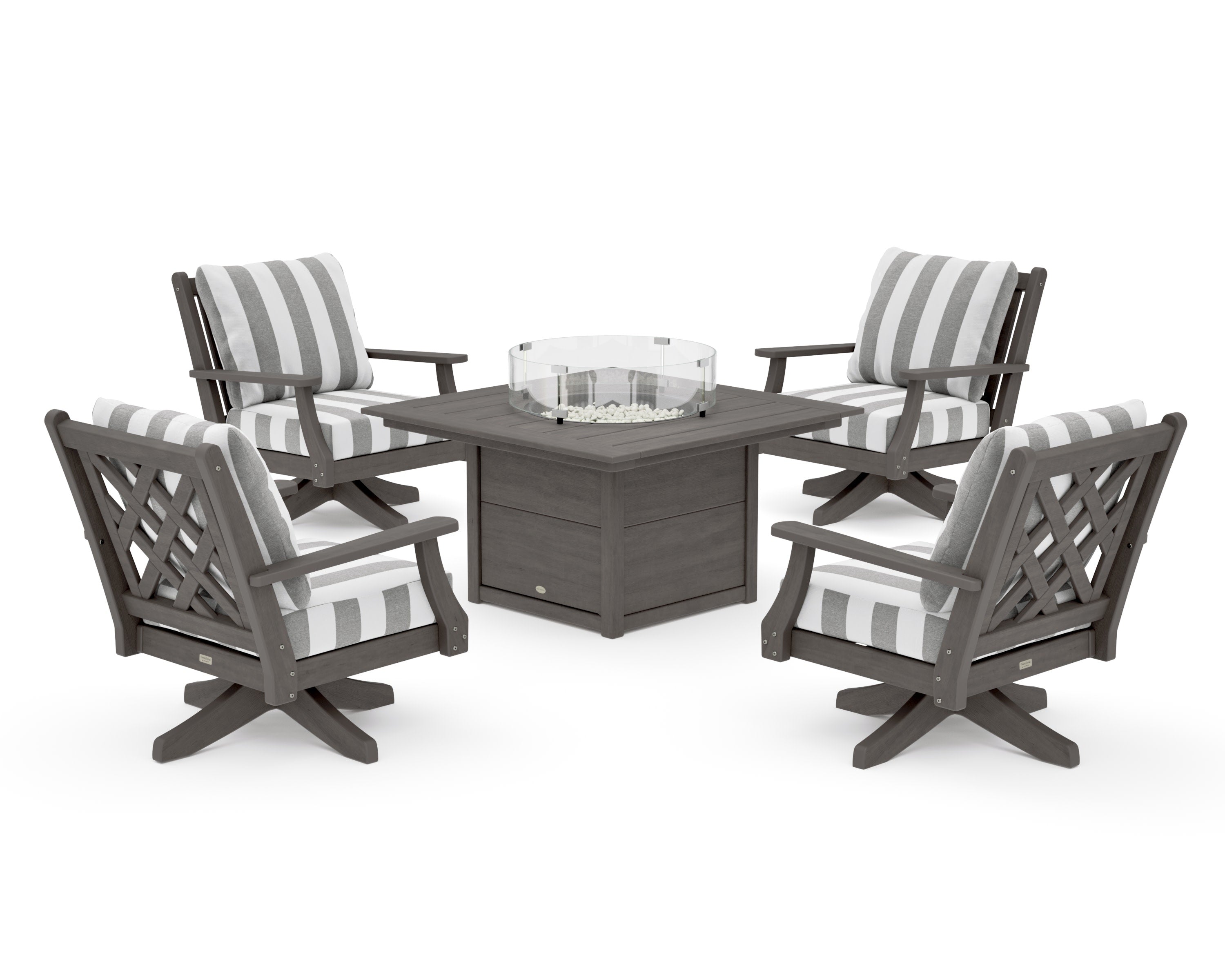Wovendale 5-Piece Deep Seating Swivel Conversation Set with Fire Pit Table in Driftwood / Cabana Stripe Grey Mist