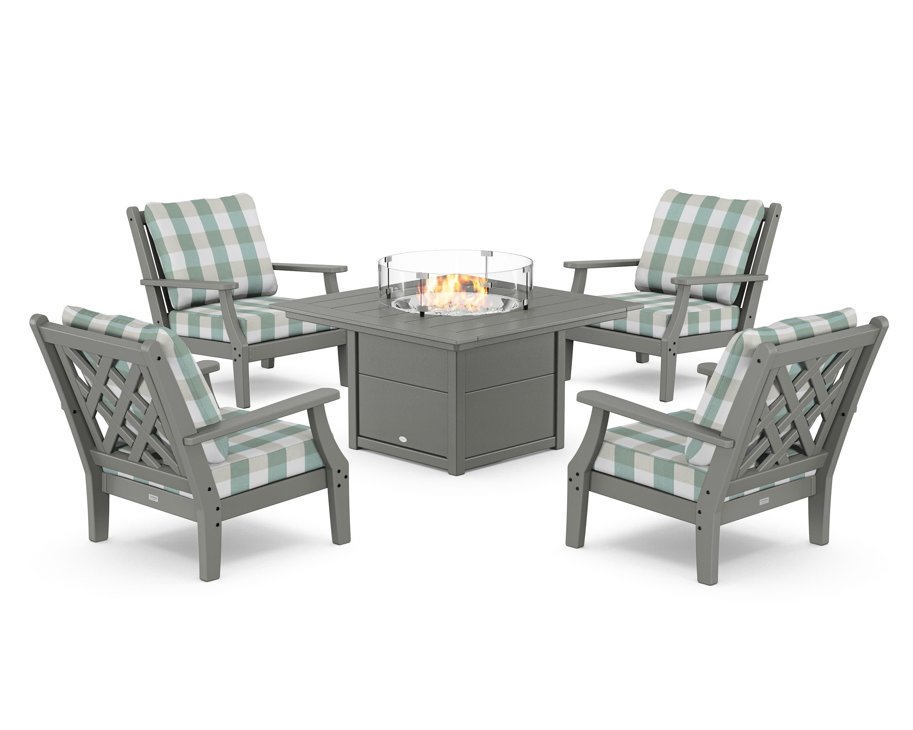 Wovendale 5-Piece Deep Seating Set with Fire Pit Table in Slate Grey / Buffalo Plaid Glacier Spa