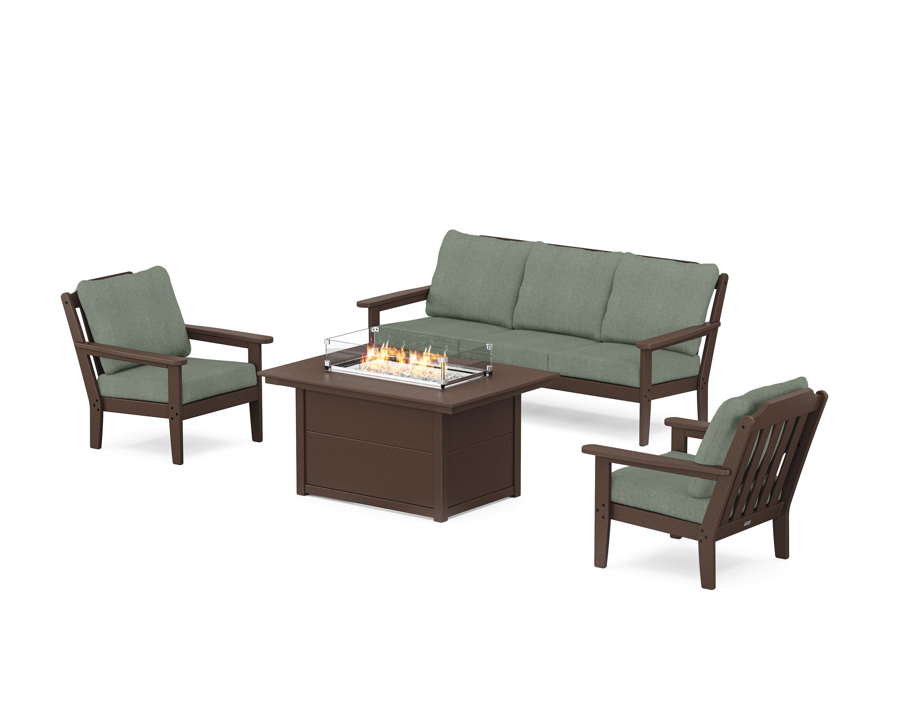Cottage Deep Seating Fire Pit Table Set in Mahogany / Cast Sage
