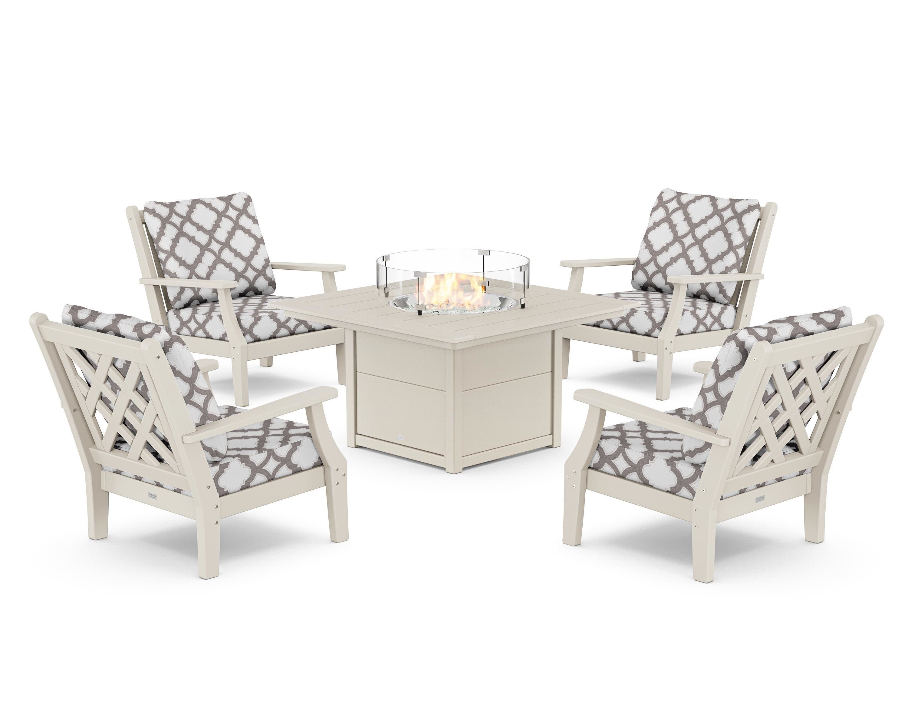 Wovendale 5-Piece Deep Seating Set with Fire Pit Table in Sand / Trellis Grey Mist