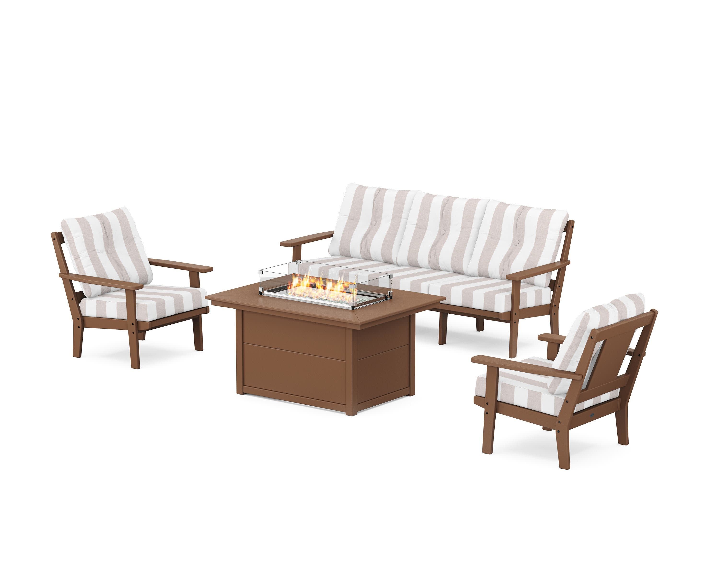 Prairie Deep Seating Fire Pit Table Set in Teak / Cabana Stripe Dune Burlap
