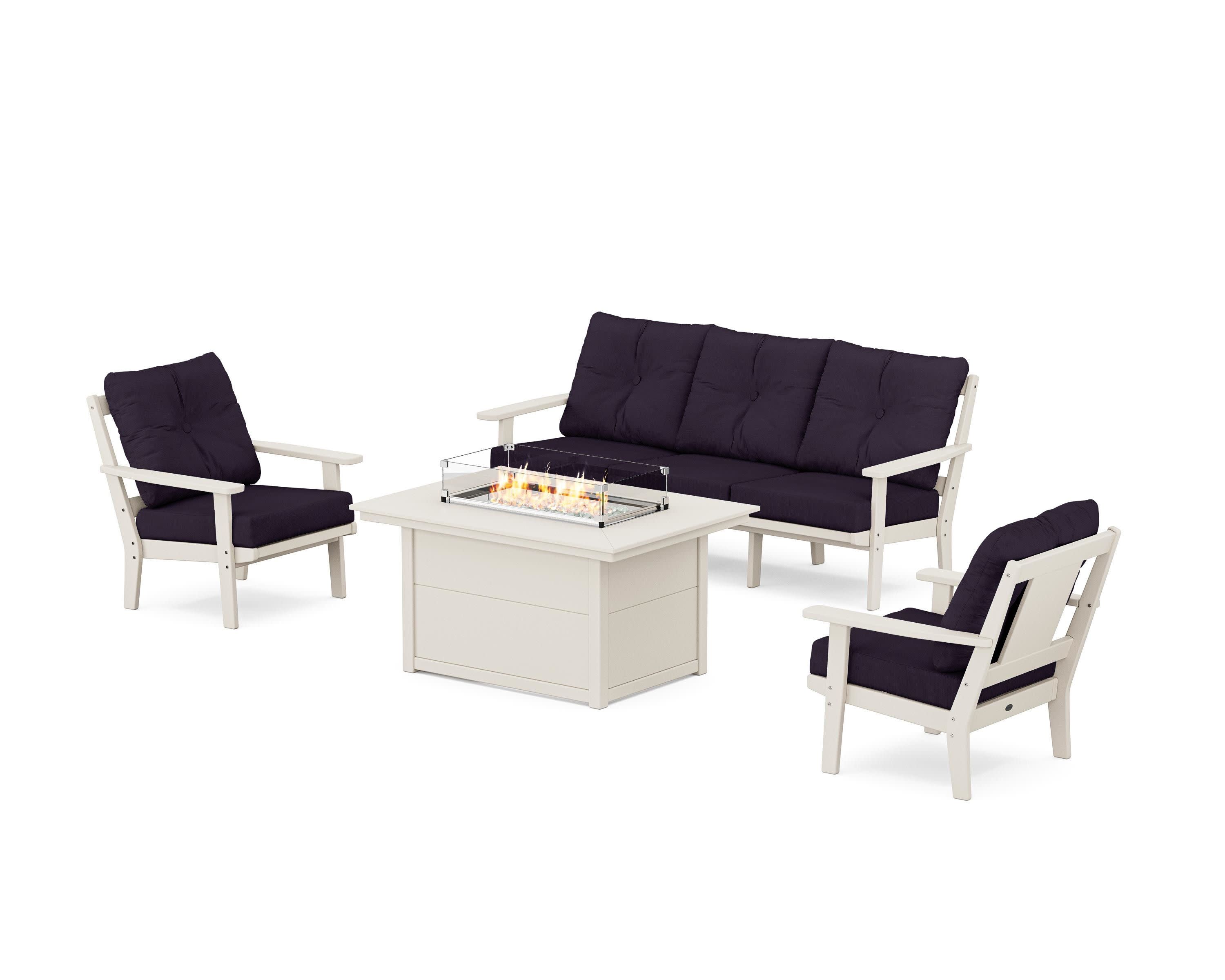 Prairie Deep Seating Fire Pit Table Set in Sand / Navy Linen