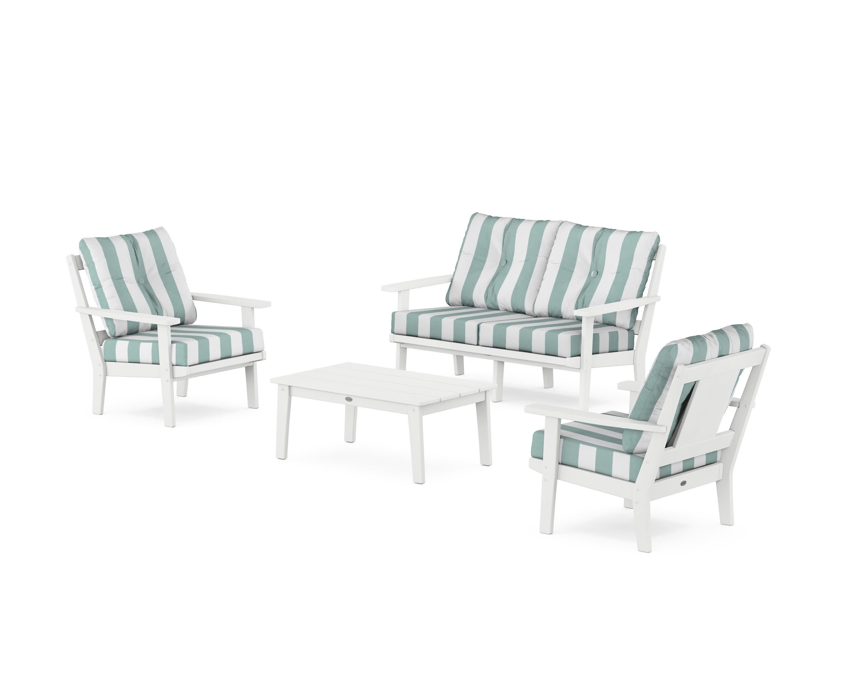 Prairie 4-Piece Deep Seating Set with Loveseat in White / Cabana Stripe Glacier Spa