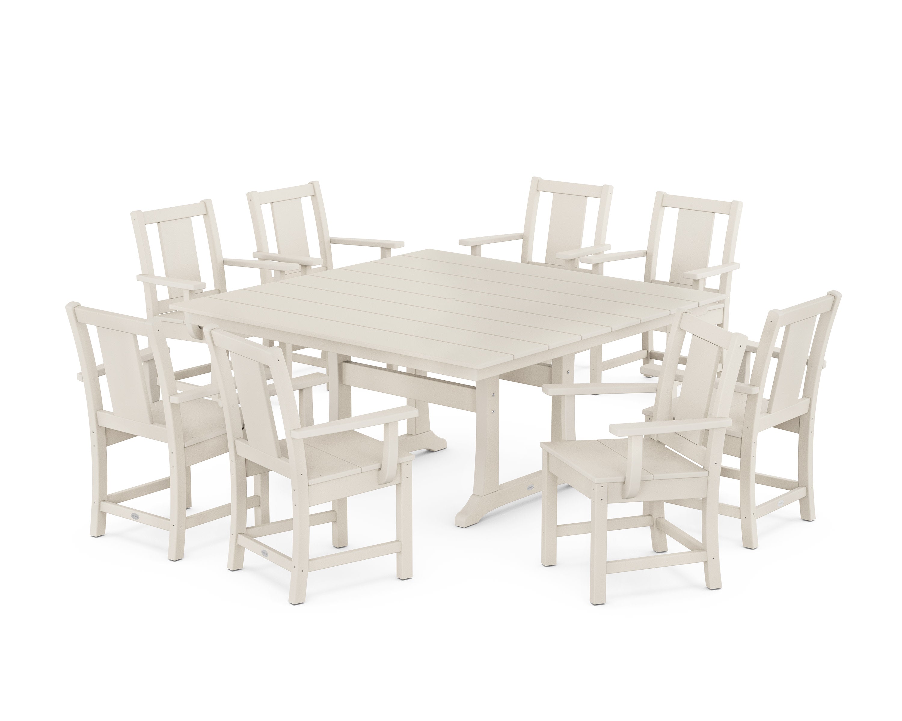 Prairie 9-Piece Square Farmhouse Dining Set with Trestle Legs in Sand