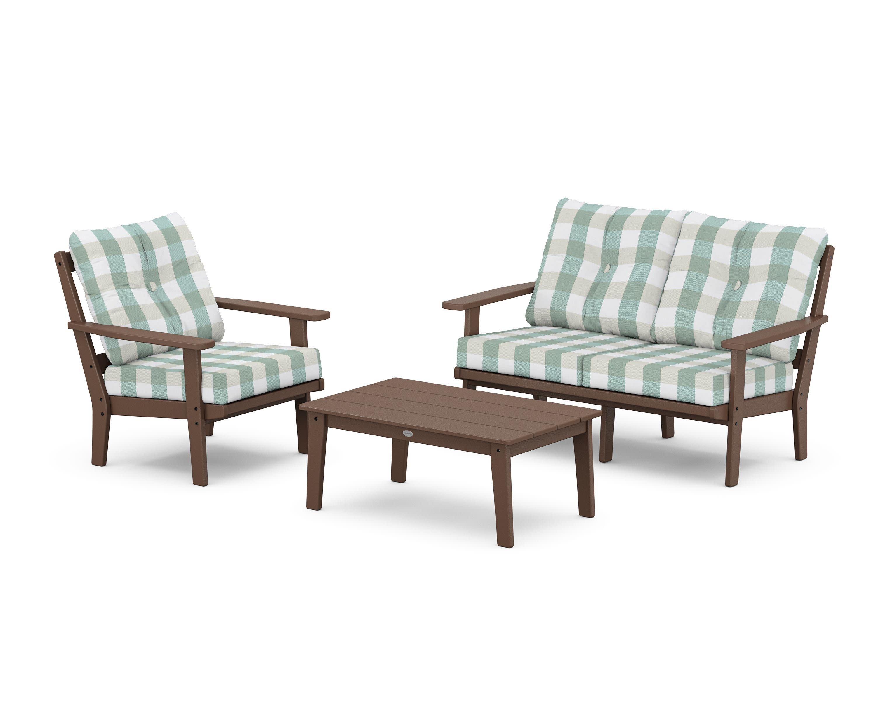 Prairie 3-Piece Deep Seating Set with Loveseat in Mahogany / Buffalo Plaid Glacier Spa