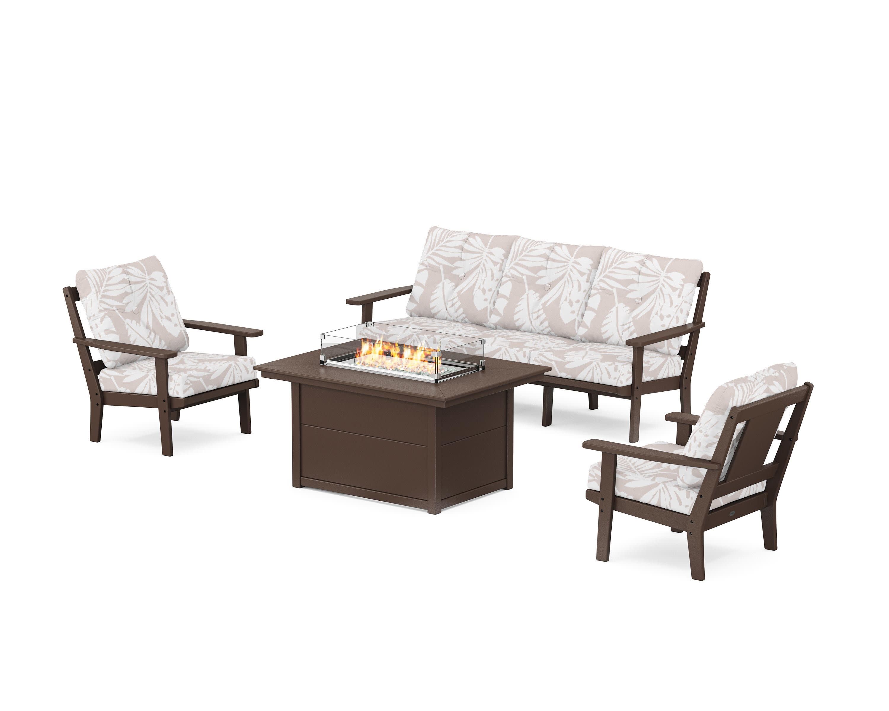 Prairie Deep Seating Fire Pit Table Set in Mahogany / Leaf Dune Burlap