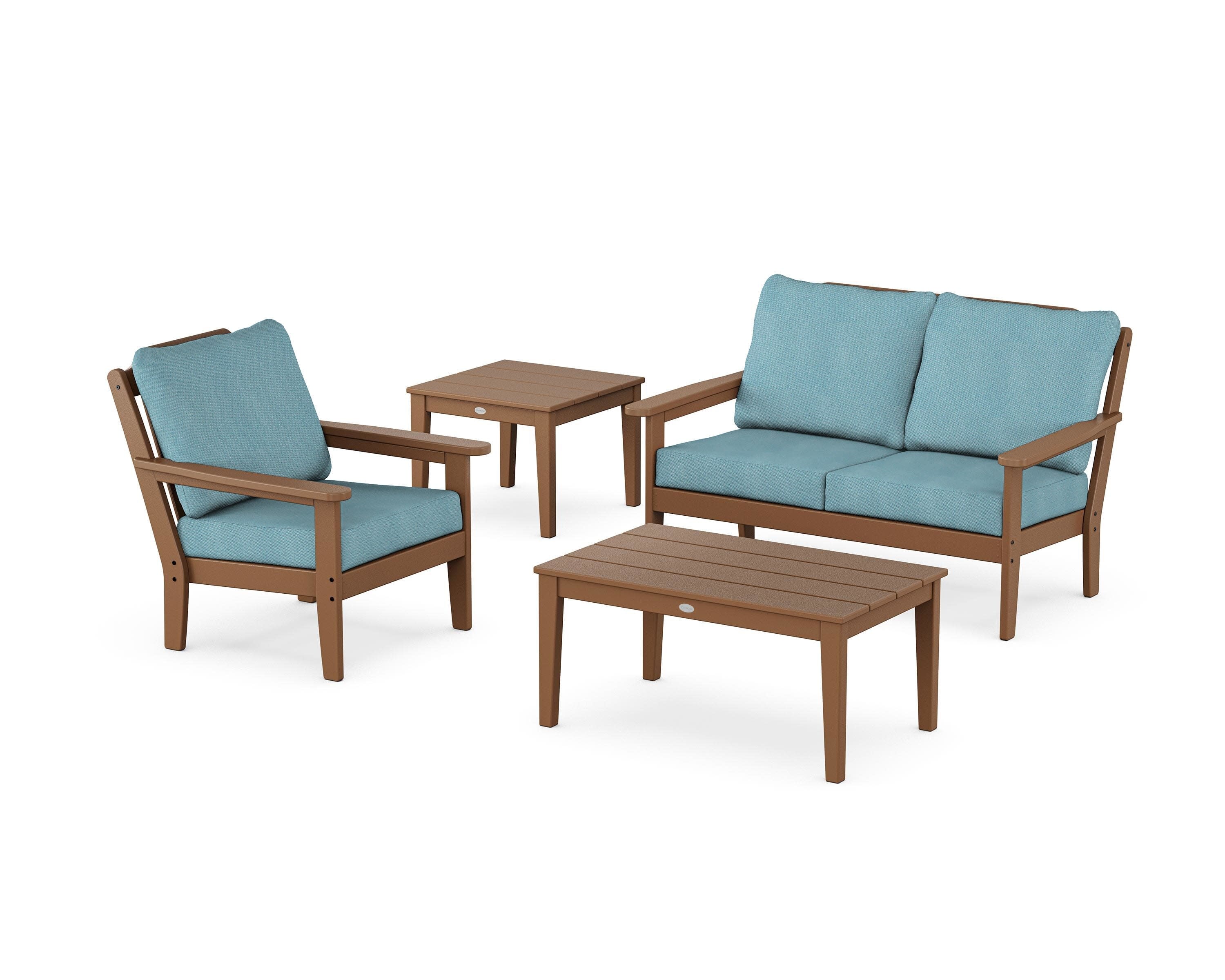 Wovendale 4-Piece Deep Seating Set in Teak / Lattice Sky Blue