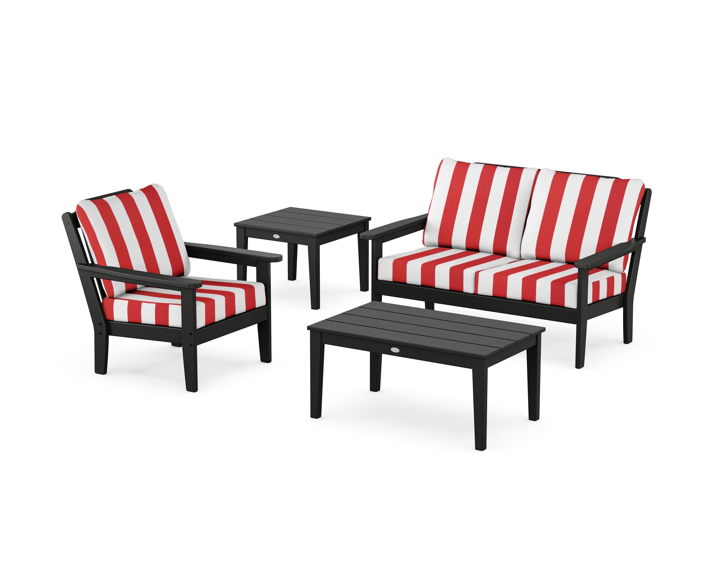 Wovendale 4-Piece Deep Seating Set in Black / Cabana Stripe Crimson