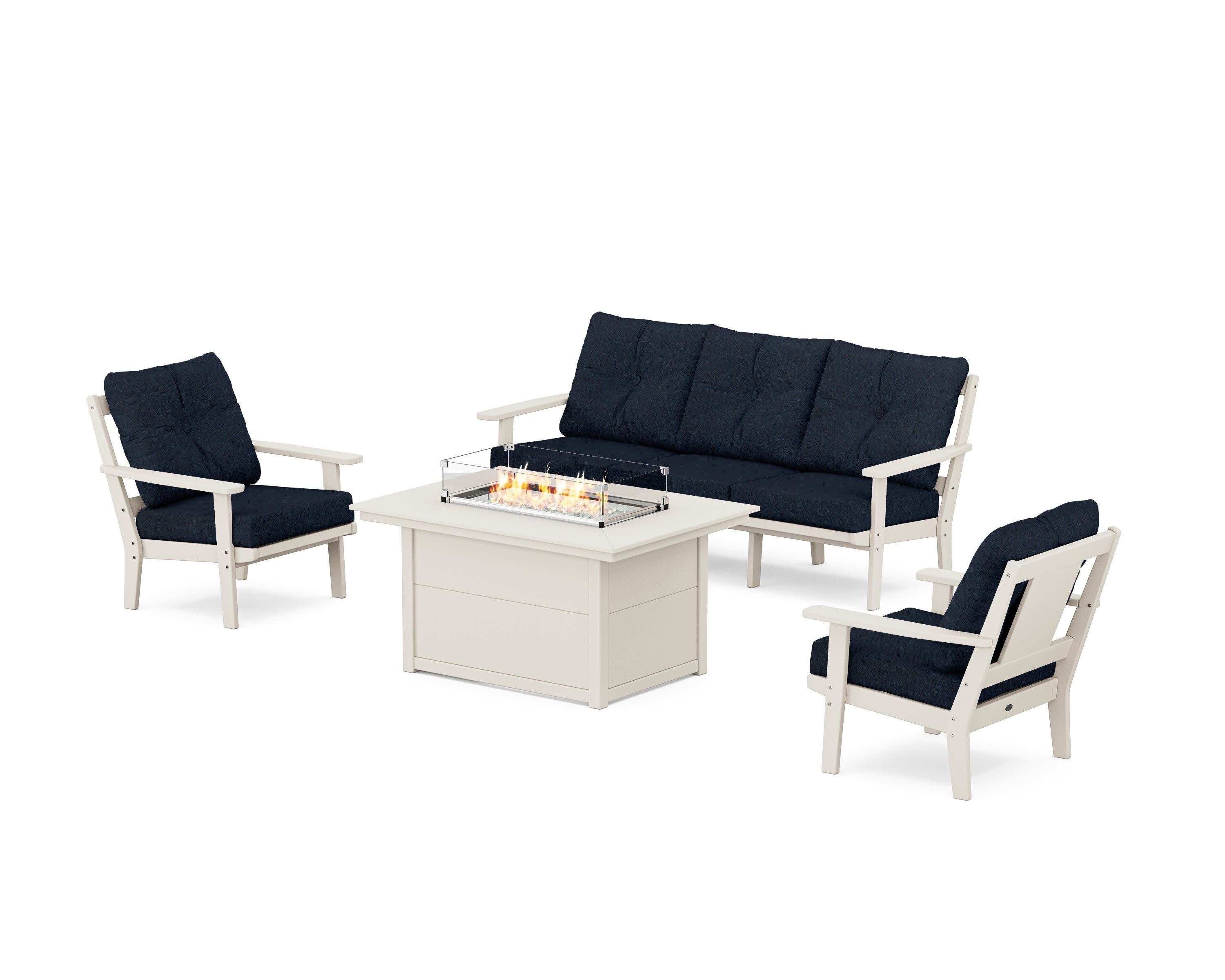 Prairie Deep Seating Fire Pit Table Set in Sand / Marine Indigo