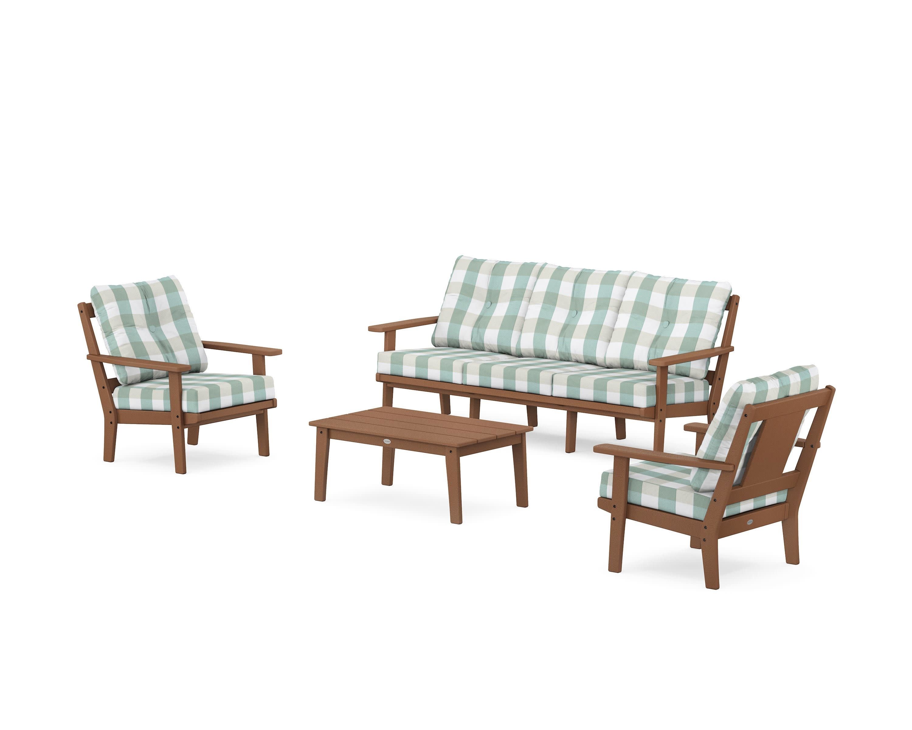 Prairie 4-Piece Deep Seating Set with Sofa in Teak / Buffalo Plaid Glacier Spa